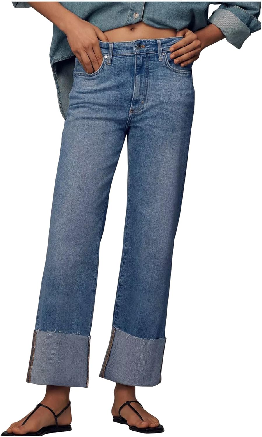 Women's Wide Leg Cuffed Jeans High Waisted Straight Leg Stretchy Boyfriend Denim Pants