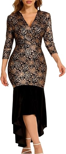 Women's Black Formal Dresses Sequin Floral Evening Party Dress V Neck Long Sleev