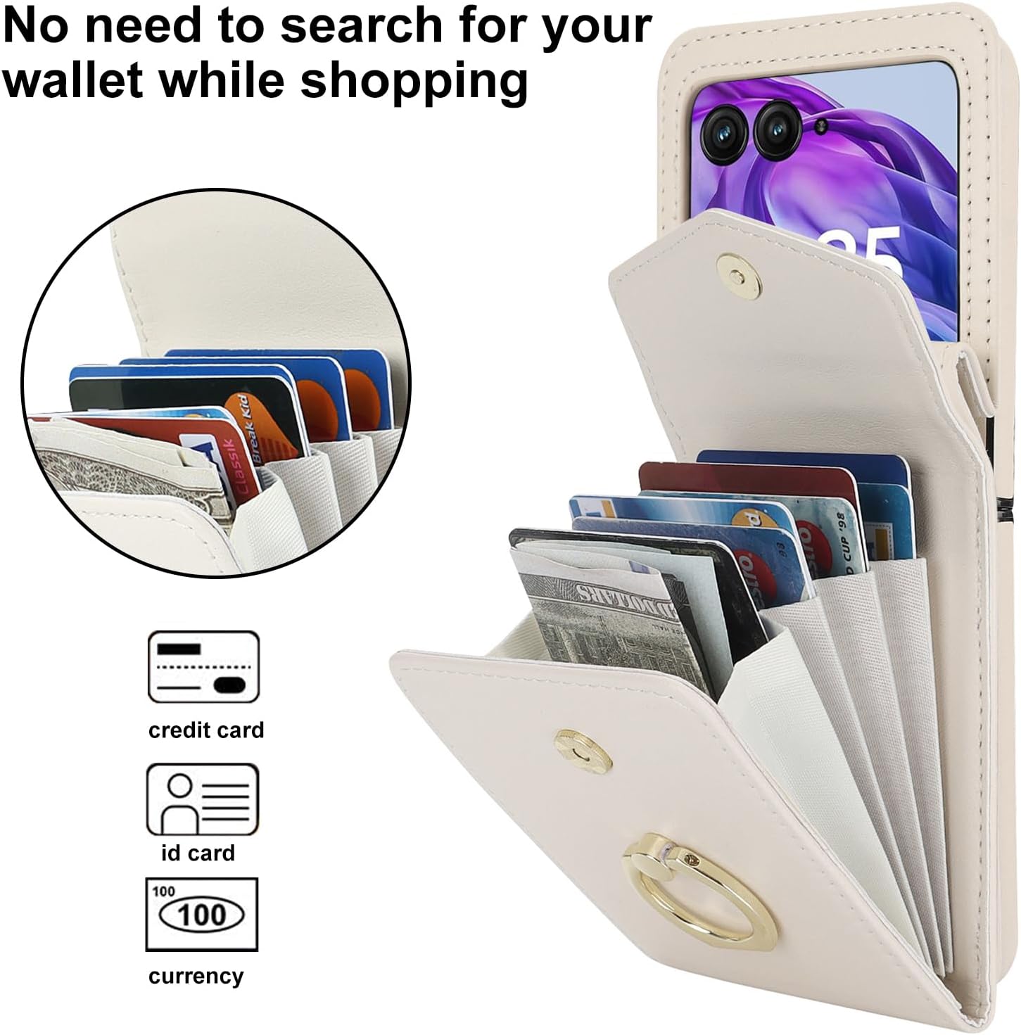 Asuwish Phone Case for Motorola Razr Plus 2024/Moto Razr 50 Ultra Wallet Cover with RFID Blocking Ring Crossbody Wrist Strap Card Holder Purse Cell RazrPlus Plus2024 + 5G Women Men Girls Off White