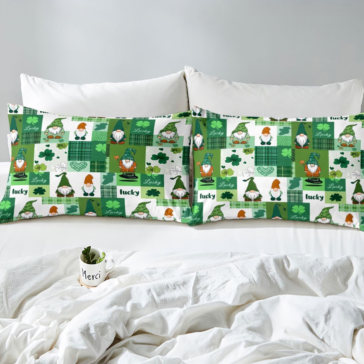 jejeloiu St.Patrick's Day Bedding Set King Size Plaid Buffalo Check Comforter Cover Set for Boys Girls Teens Four Leaf Clover Duvet Cover Green Leopard Bedspread Cover Room Decor