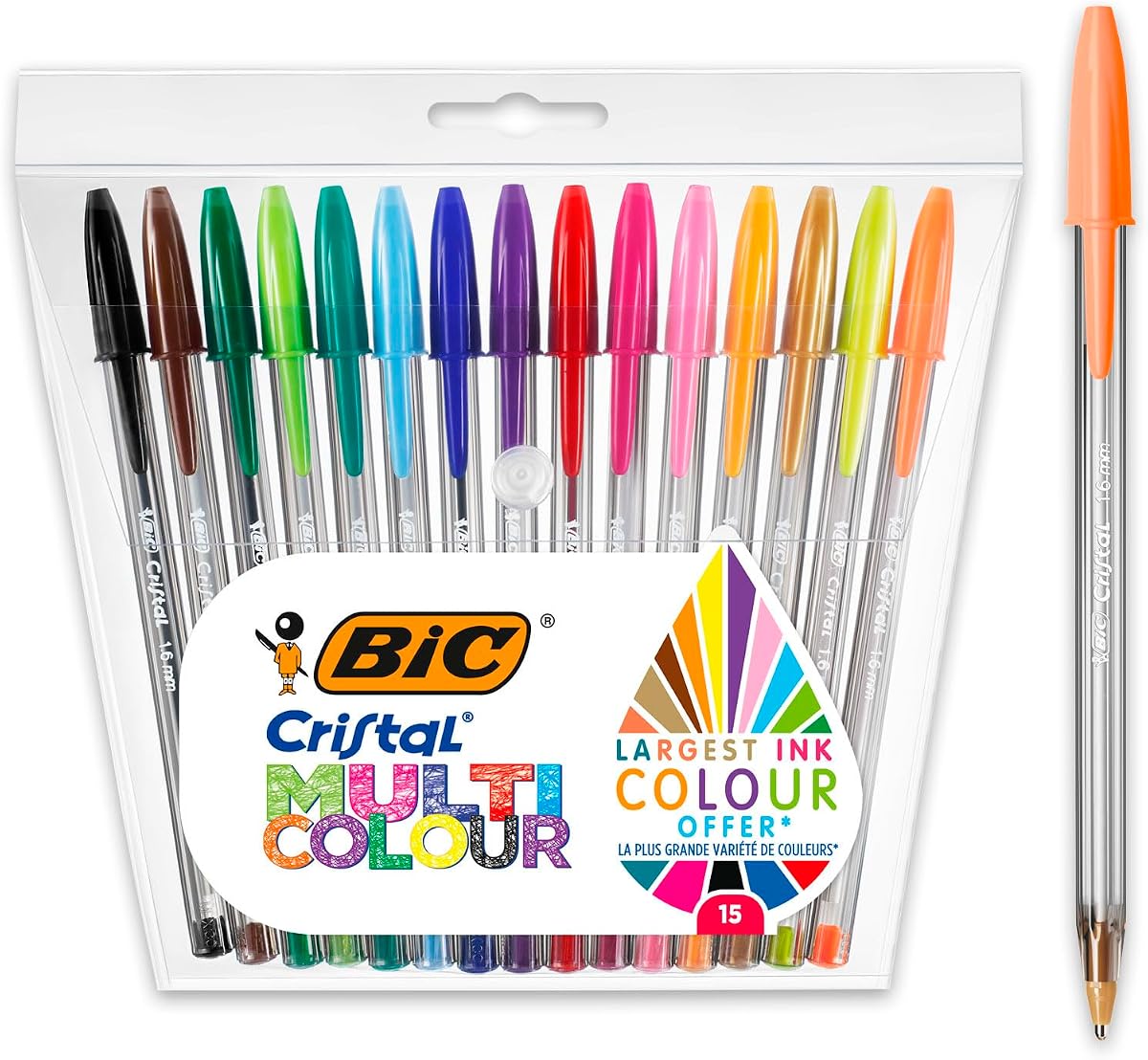 Bolígrafos Cristal multicolor con punta ancha (1,6 mm) para escritura colorida en colores surtidos, paquete de 15
