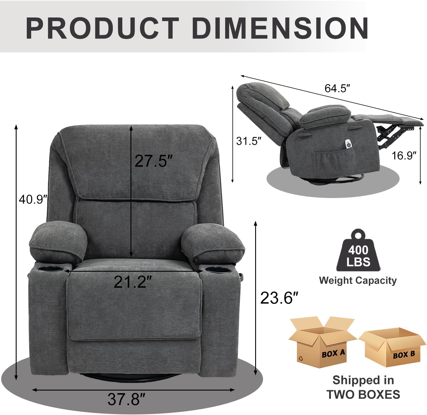 Massage Rocker Recliner Chair with Heated,Overstuffed Recliner Chairs,Swivel Rocking Recliners for Living Room (Dark Gray-Set of 2)