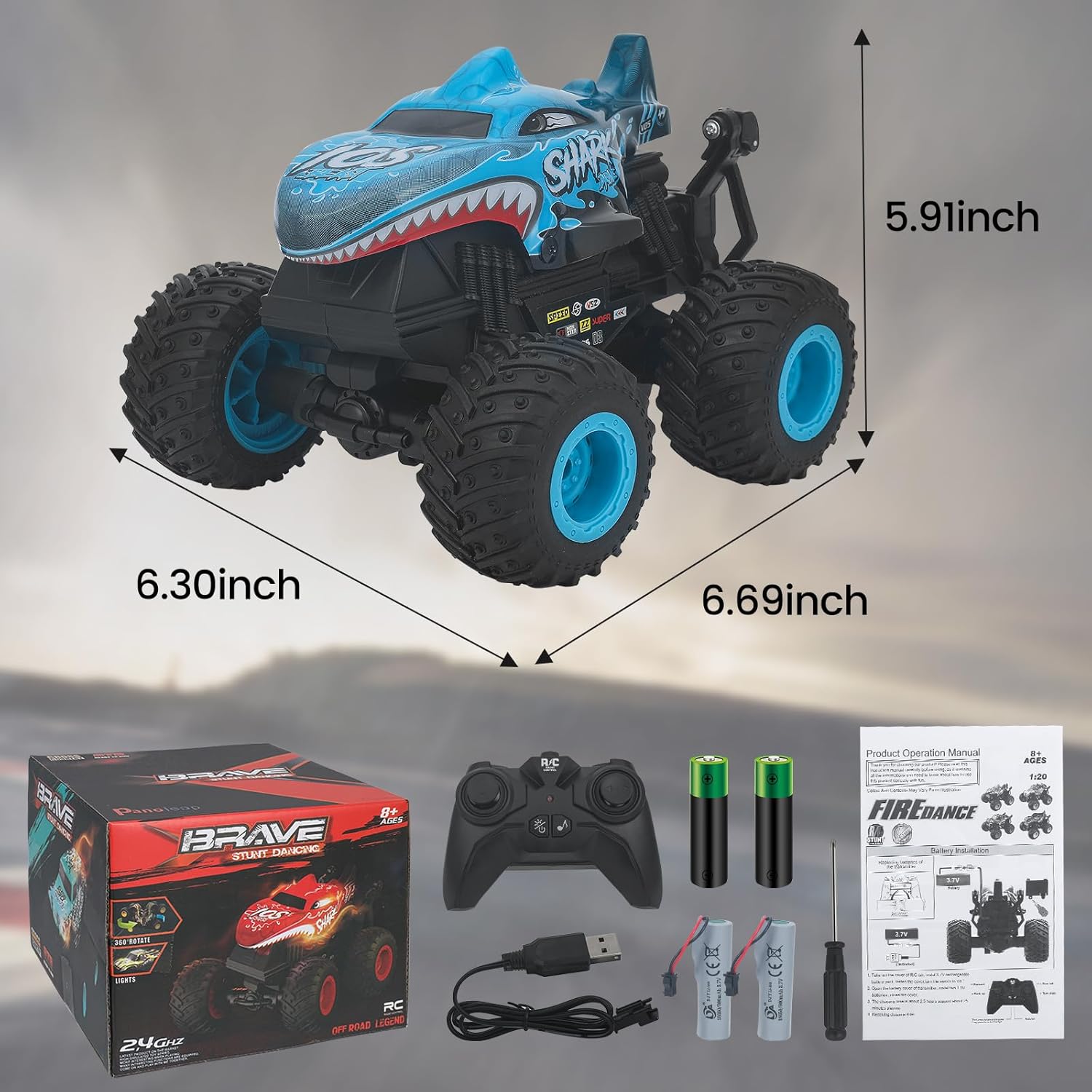 Remote Control Monster Truck – 2.4GHz RC Car with Lights and Music,360° Rotating Stunts Dancing,Dual Batteries,Off-Road Toy Truck, for Kids, Boys and Girls,Shark,Blue