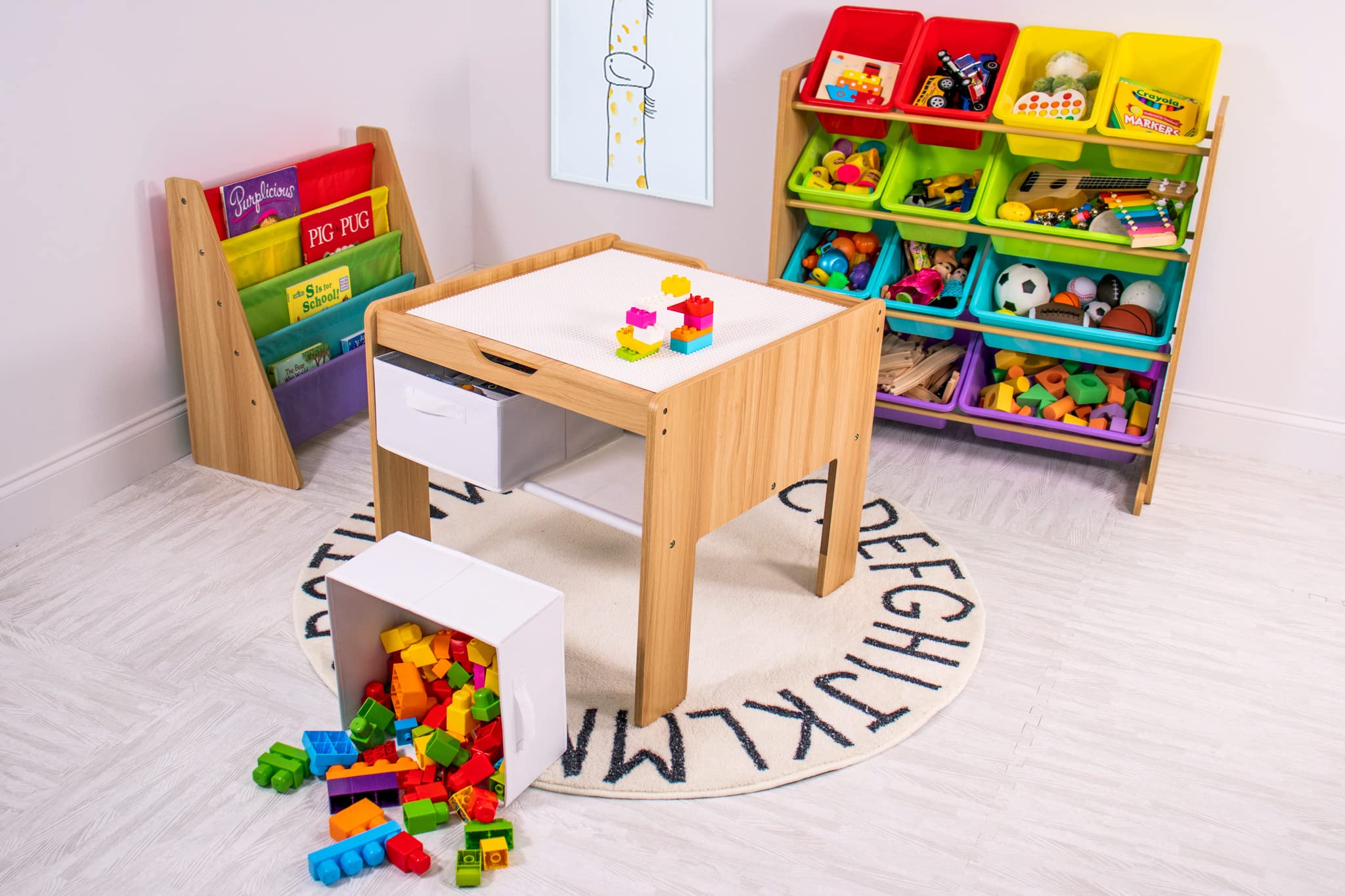 Humble Crew Journey Basteltisch aus Holz für Kinder – mit 4 Aufbewahrungsboxen, kompatibel mit Bauklötzen, Weiß/Naturholz