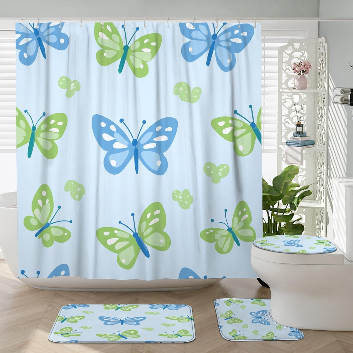 4PCS Seamless Blue Butterflies Bathroom Accessory Sets with Non-Slip Rug, U Shape and Toilet Lid Cover Mat, Cute Fun Kids Bathroom Curtain Fabric Decor-72''x72''