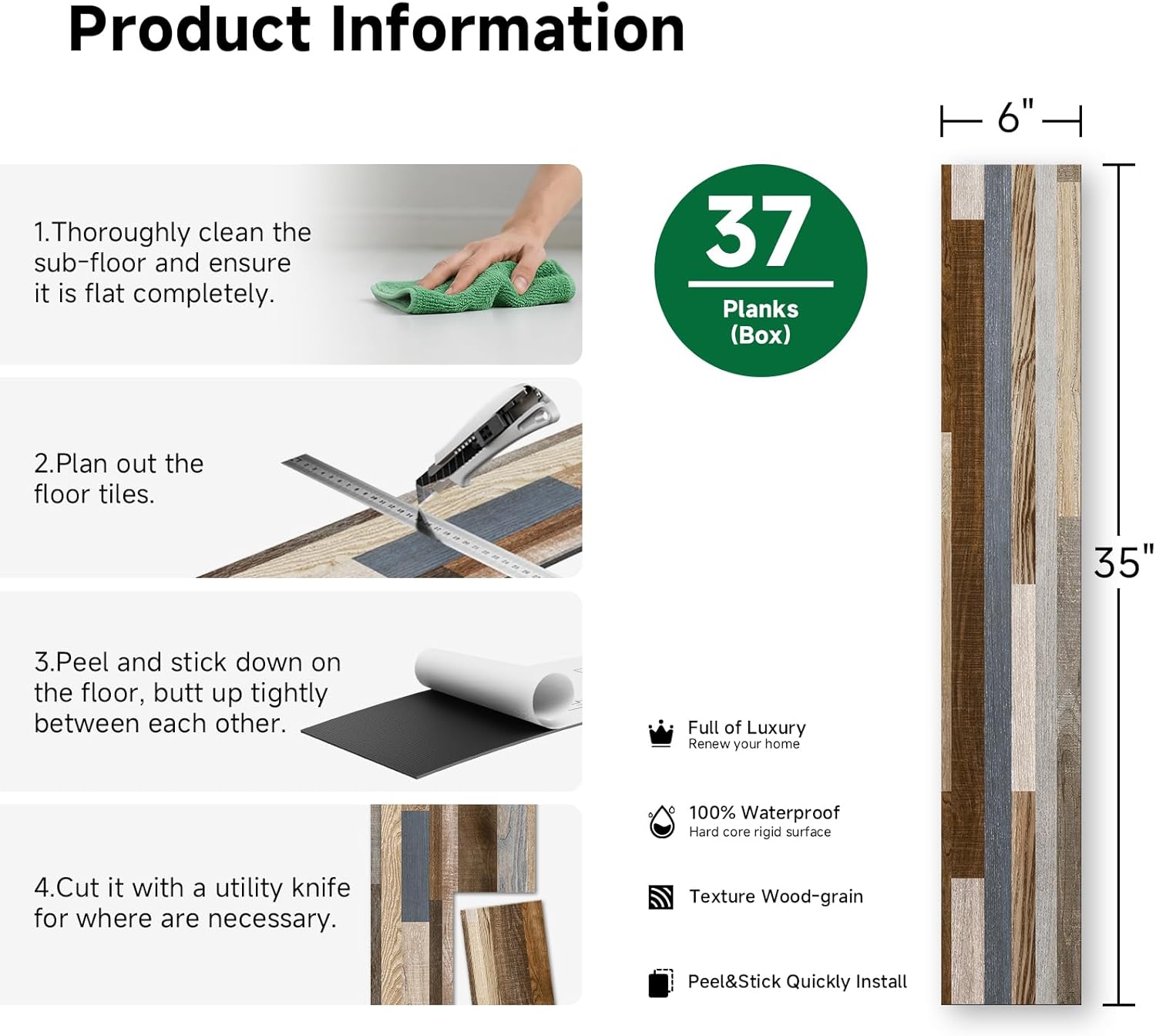 Peel and Stick Flooring, 37-Pack (54 Sq.Ft) Wood-Effect Vinyl Flooring, Waterproof Flooring Planks for Bedroom, Living Room, Kitchen, Multi Colour