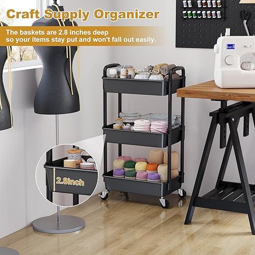 Miniatura 8 de Carrito rodante de plástico de 3 niveles con ruedas de metal, organizador de almacenamiento negro con ruedas, estante de almacenamiento de tres