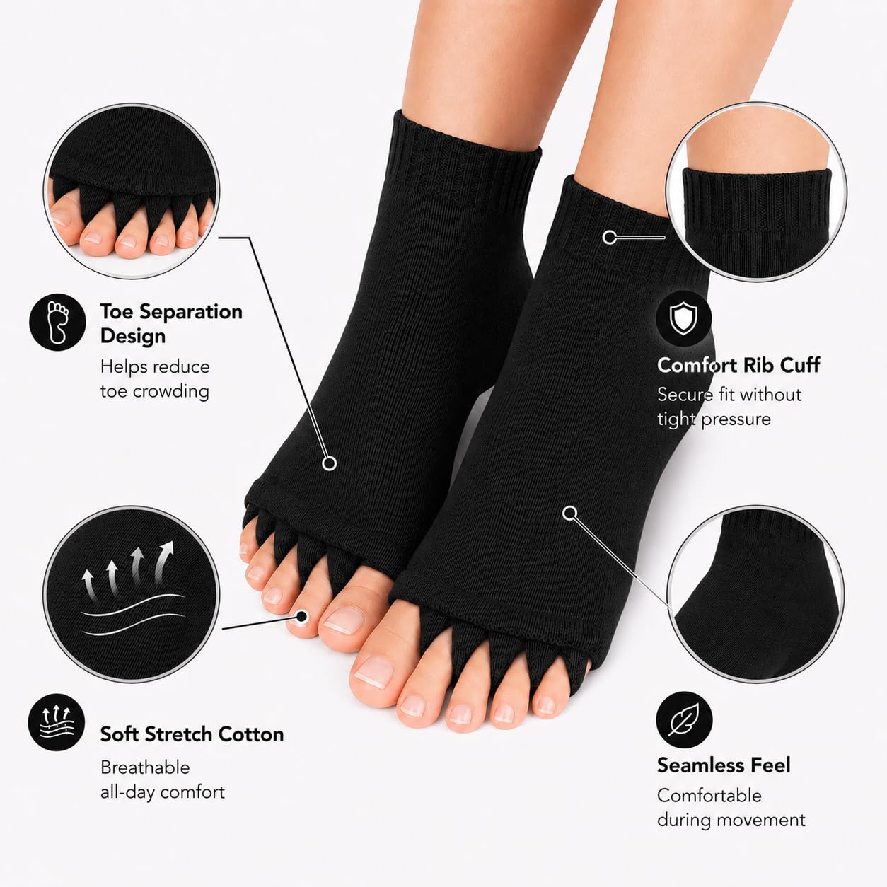 Soxbae Foot Alignment Orthopedic Cotton Socks for Men & Women | Five Toe Separator | Foot Pain Relief | Bunion Corrector | Plantar Fasciitis Support | Improves Posture & Flexibility | Free Size | Black | 1 Pair 1