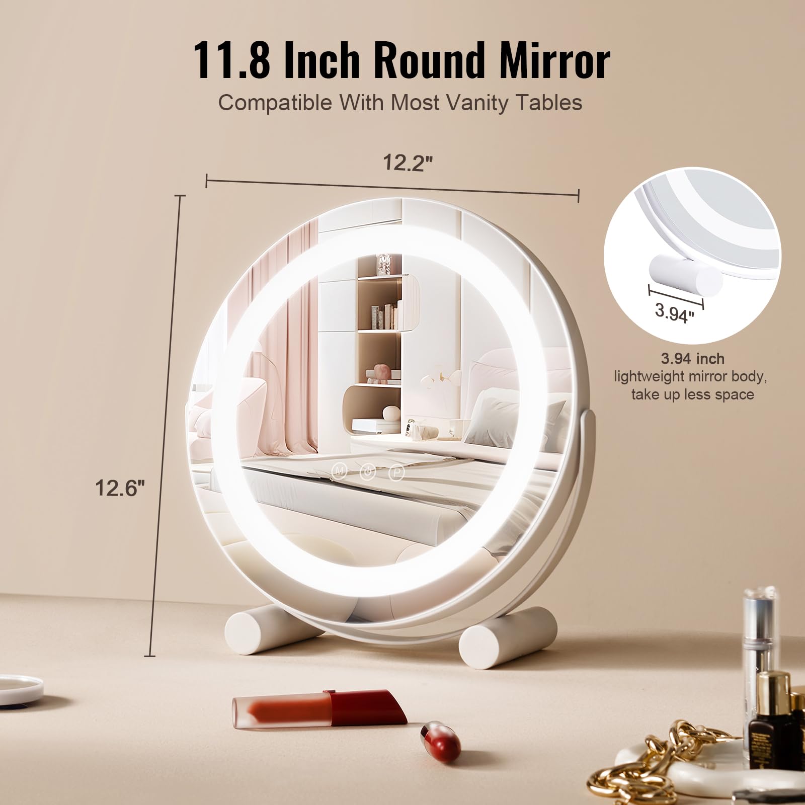 VEVOR Okrągłe lustro toaletowe ze światłami, 3 tryby oświetlenia LED, z 5-krotnym powiększeniem lustra, inteligentne sterowanie dotykowe, obrót o 360°, do stołu sypialnego, 310 x 100 x 320 mm