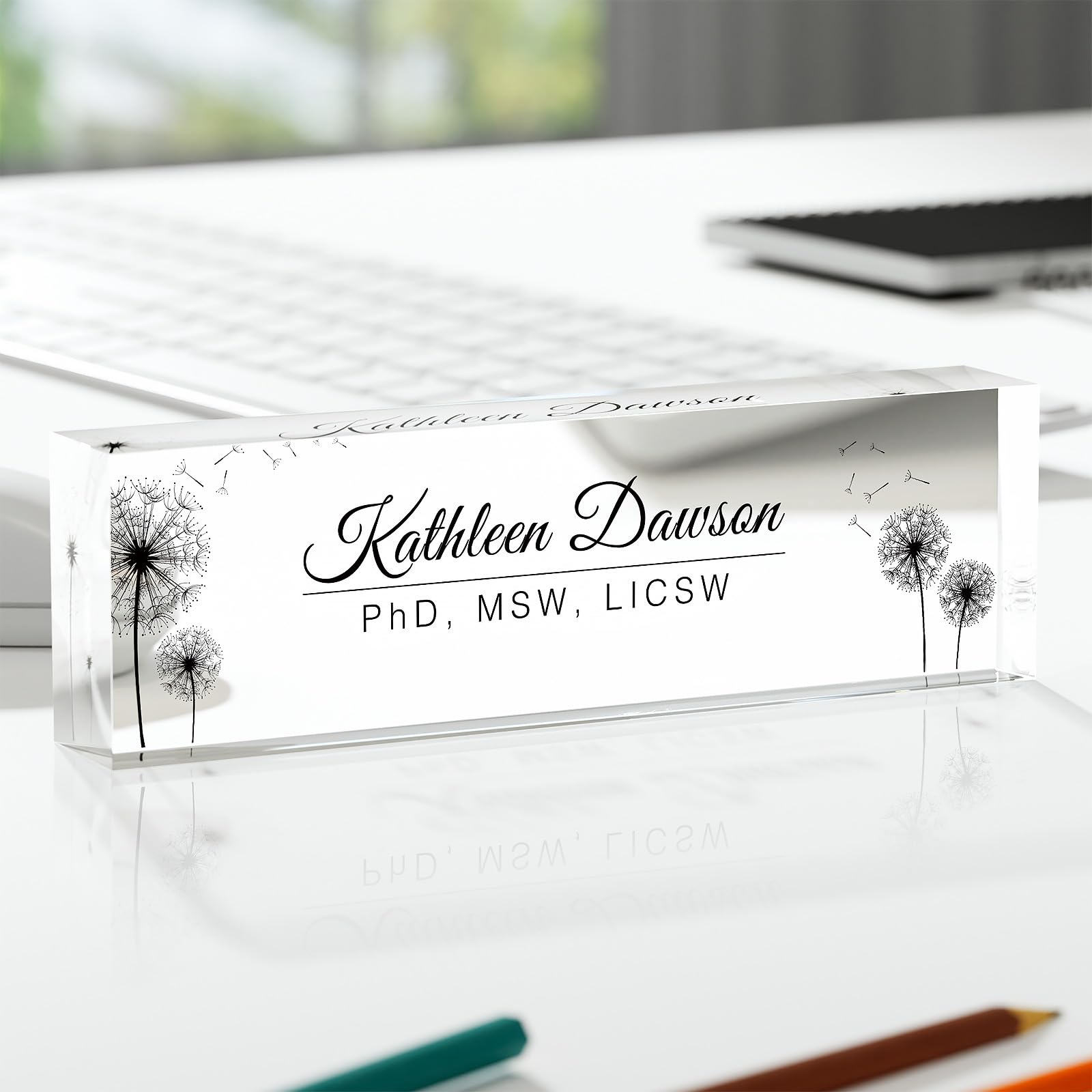 Custom Name Plate for Desk - Personalized Office Gifts, Promotion Gift for Colleagues, Employees, Daughters, Wife and Teachers (Dandelion, Name+Title)