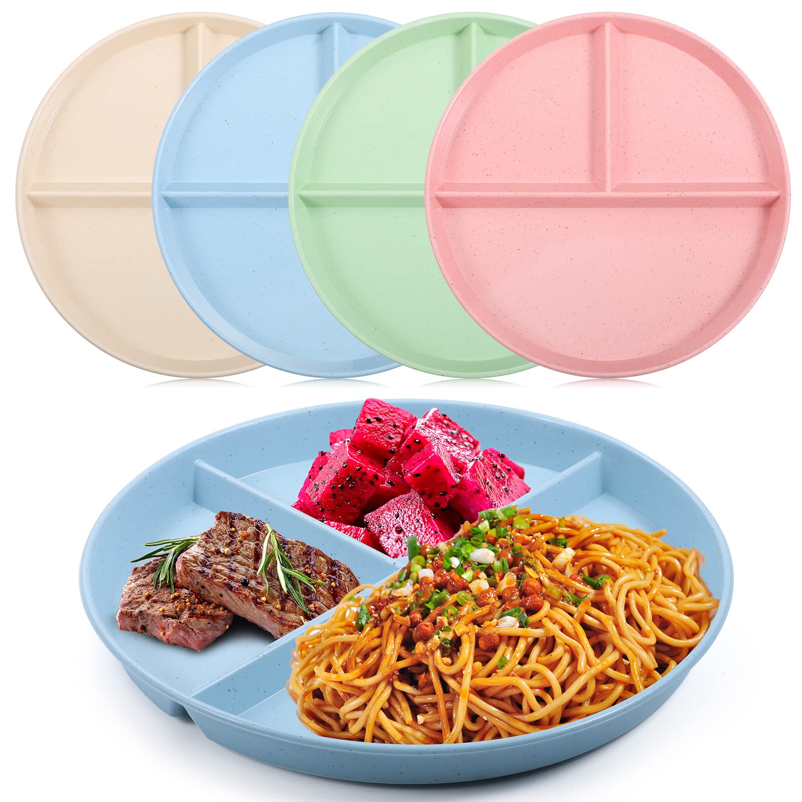 Lanjue 4Pcs Divided Dinner Plates, 9 inch Unbreakable Portion Control Divided Diet Plates Reusable Picnic Plates Microwave and Dishwasher Safe Dishes for Adult Children Kids (ukzy-26)