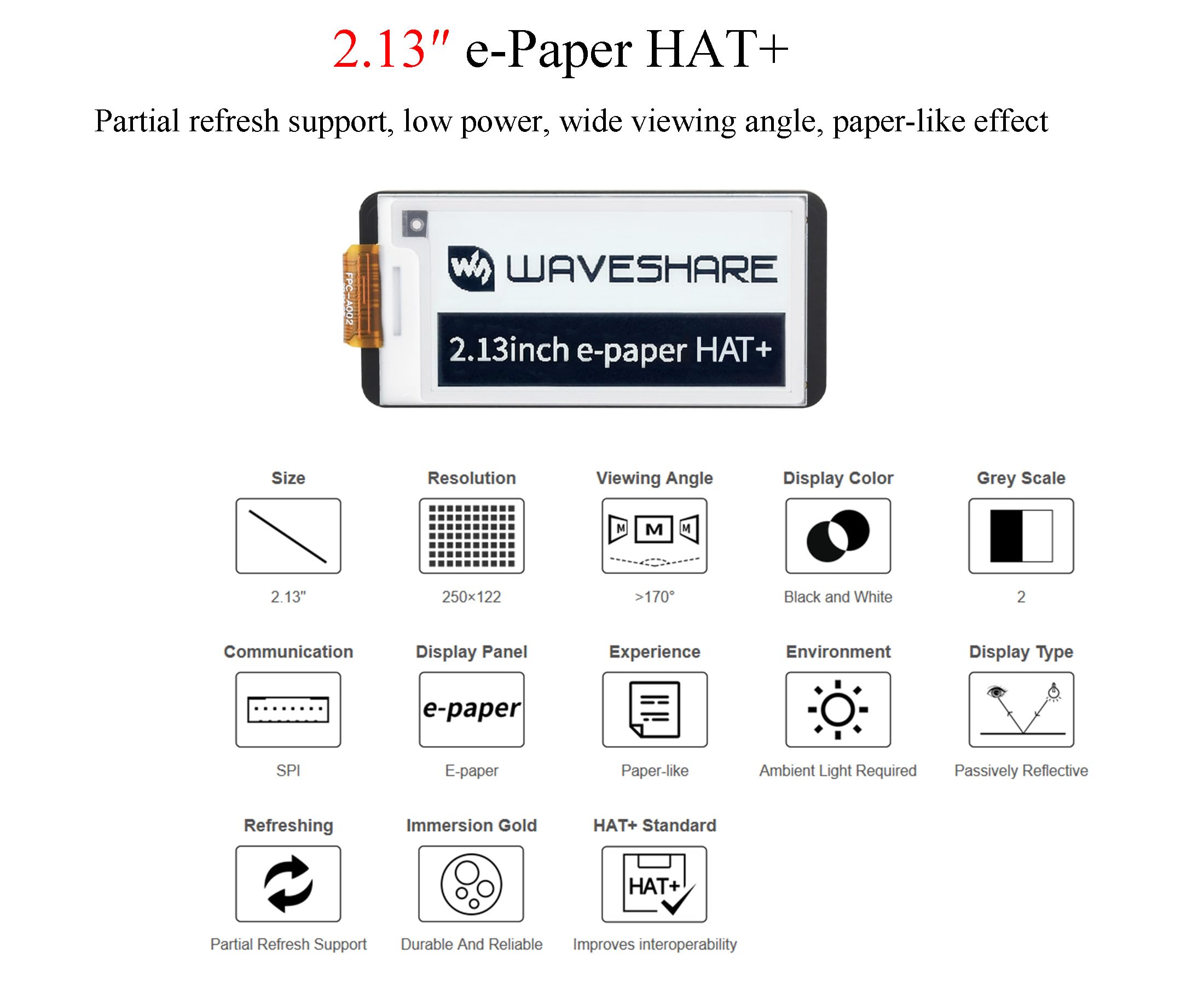 5,4 cm E-Paper HAT+ für Raspberry Pi 5/4B/3B+/3B/2B/A+/Zero W/WH/Zero 2W/Jetson Nano, E-Ink Display HAT+ Standard 250x122 Pixel SPI Interface mit Pwnagotchi Tutorial Support Partial Refresh