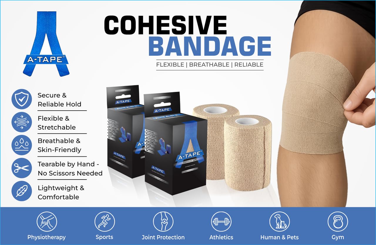 A-Tape Breathable Self Adhesive Cohesive Bandage Wrap - Athletic Non-Woven for Sports, Medical Use, Injuries, Knee & Wrist Support - Suitable for Humans & Pets (Beige, 7.5 cm Pack Of 2)
