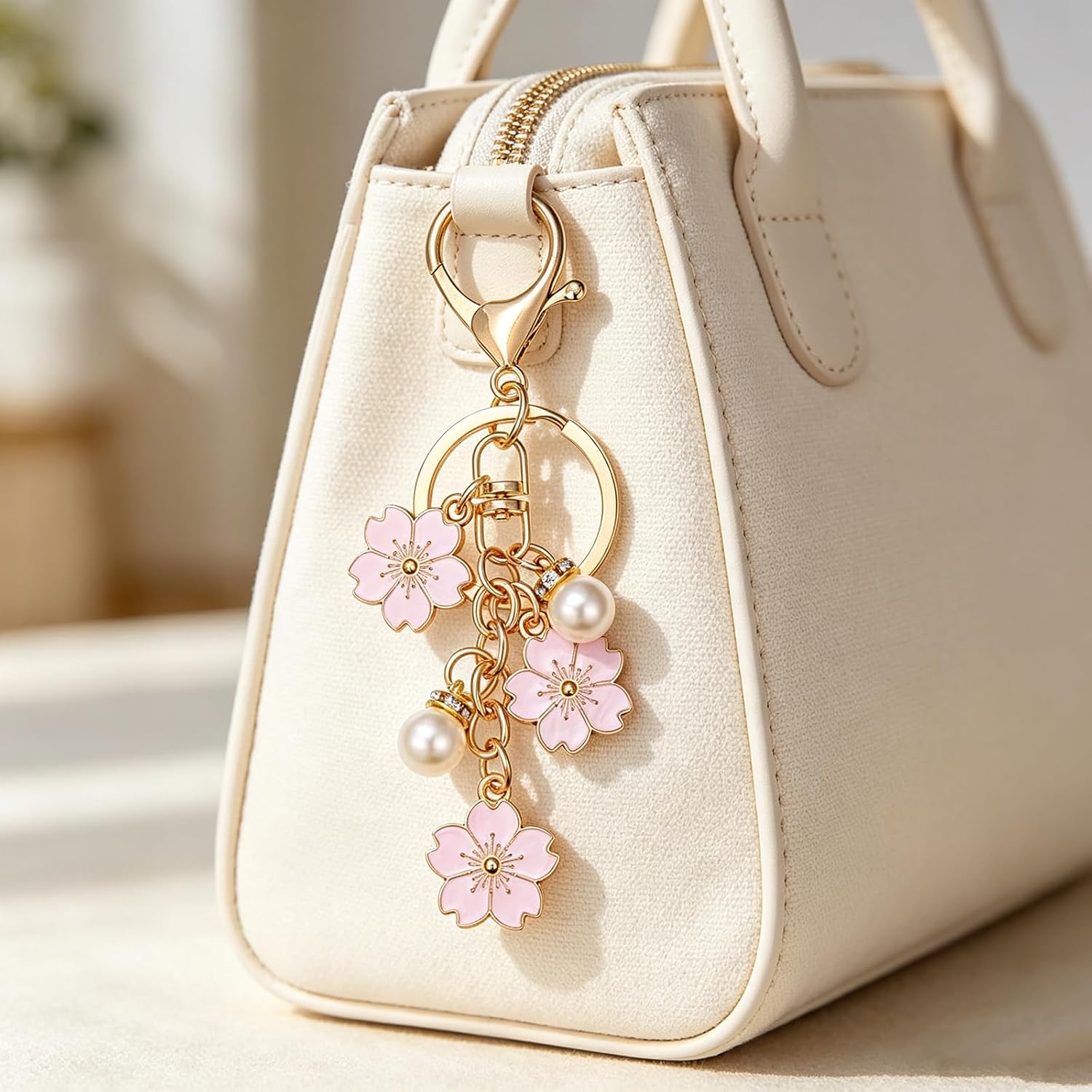 ANPTER 4 Pcs Purse Charm Pearl Extender Chain Cute Cross Flower Bow Keychain Accessories Bag Charms for Handbag image 5