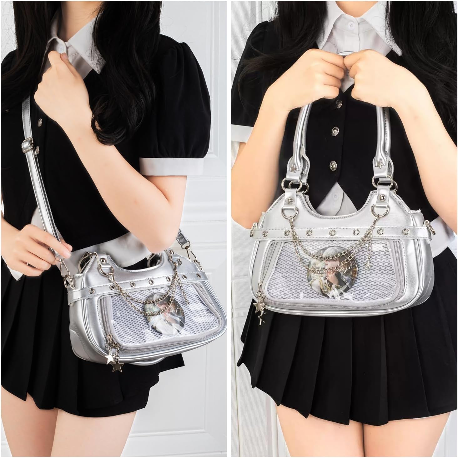 Kawaii Ita Bag, PU Leather Shoulder Bag with Insert Anime Badge Display, Y2k Purse Pin Display Crossbody Bags