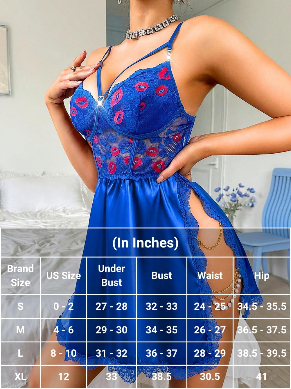 ShawGobow Heart Lace Babydoll Lingerie,Lip Embroidered Cutout Sexy Satin Dress,One Piece Chain Side Slit Nightgown Boudoir