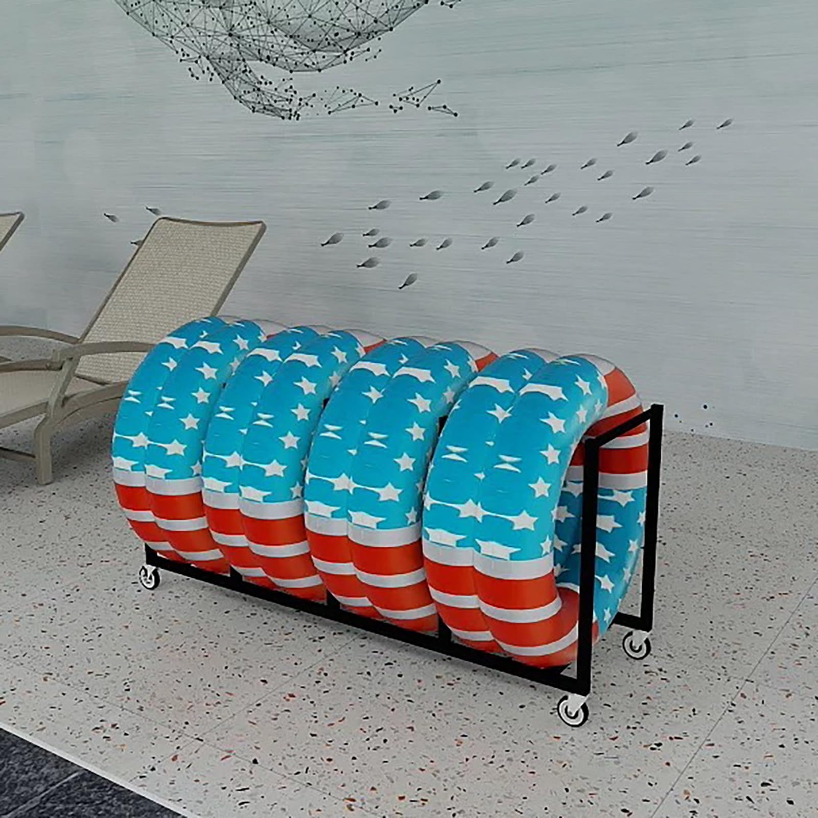 Grande supporto per galleggianti per piscina, autoportante, in metallo resistente, organizer salvaspazio per uso interno ed esterno
