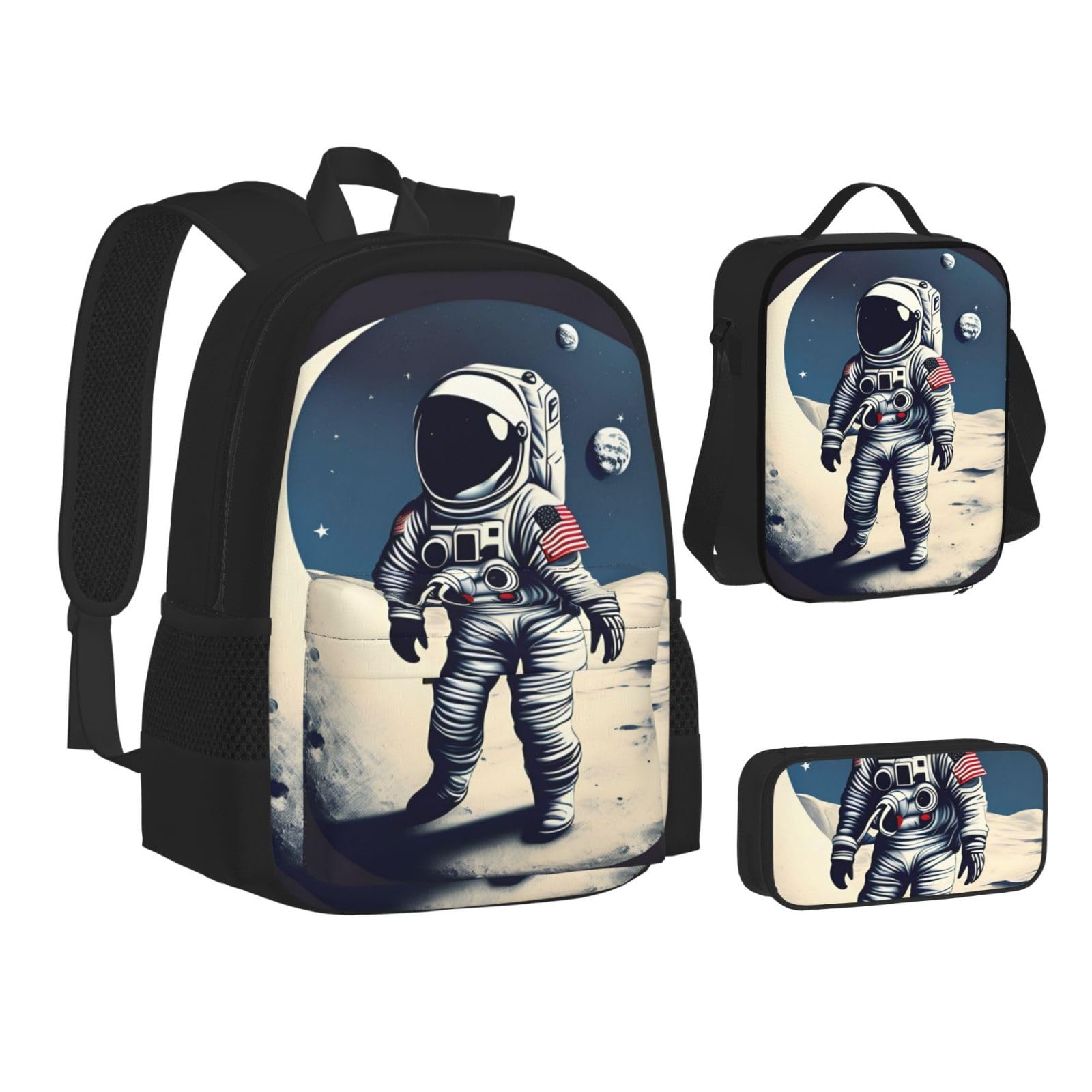 LONGZEHAO 3Pcs Versatile Adjustable Large Capacity Astronaut on The Moon Print Backpack Lunch Box and Pencil Case