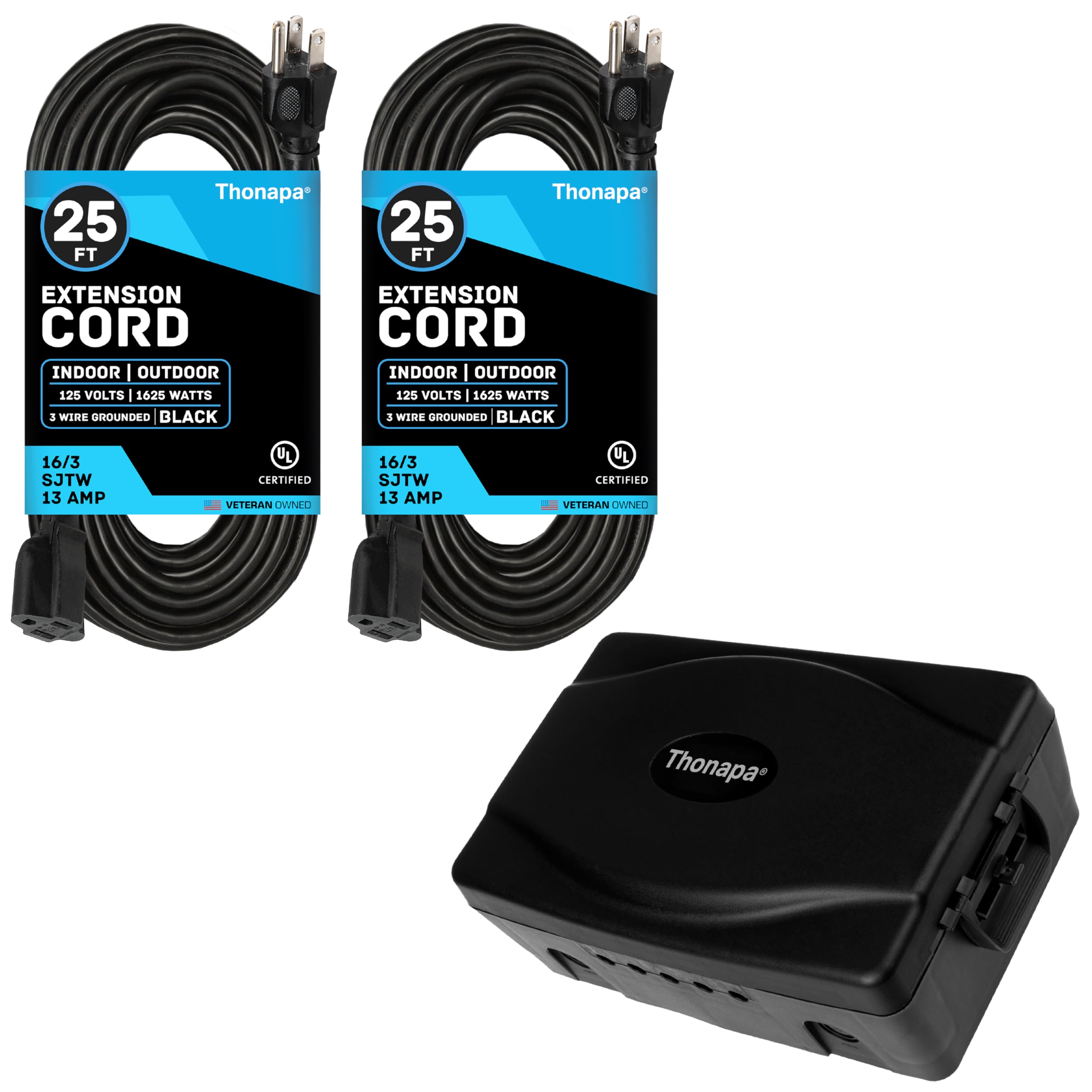 Thonapa 2 Pack of 13 Amp Outdoor Extension Cord 25 ft 16/3 & Outdoor Electrical Box, Weatherproof Power Cord Protector for Electrical Connections, IP54 Great for Timers, Power Strips, Landscape Lights