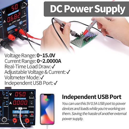 Miniatura 6 de YIHUA 853D 2A USB - Estación de soldadura SMD y retrabajo de aire caliente fuente de alimentación CC 0-15 V 0-2 A con puerto de carga USB de 5 V y