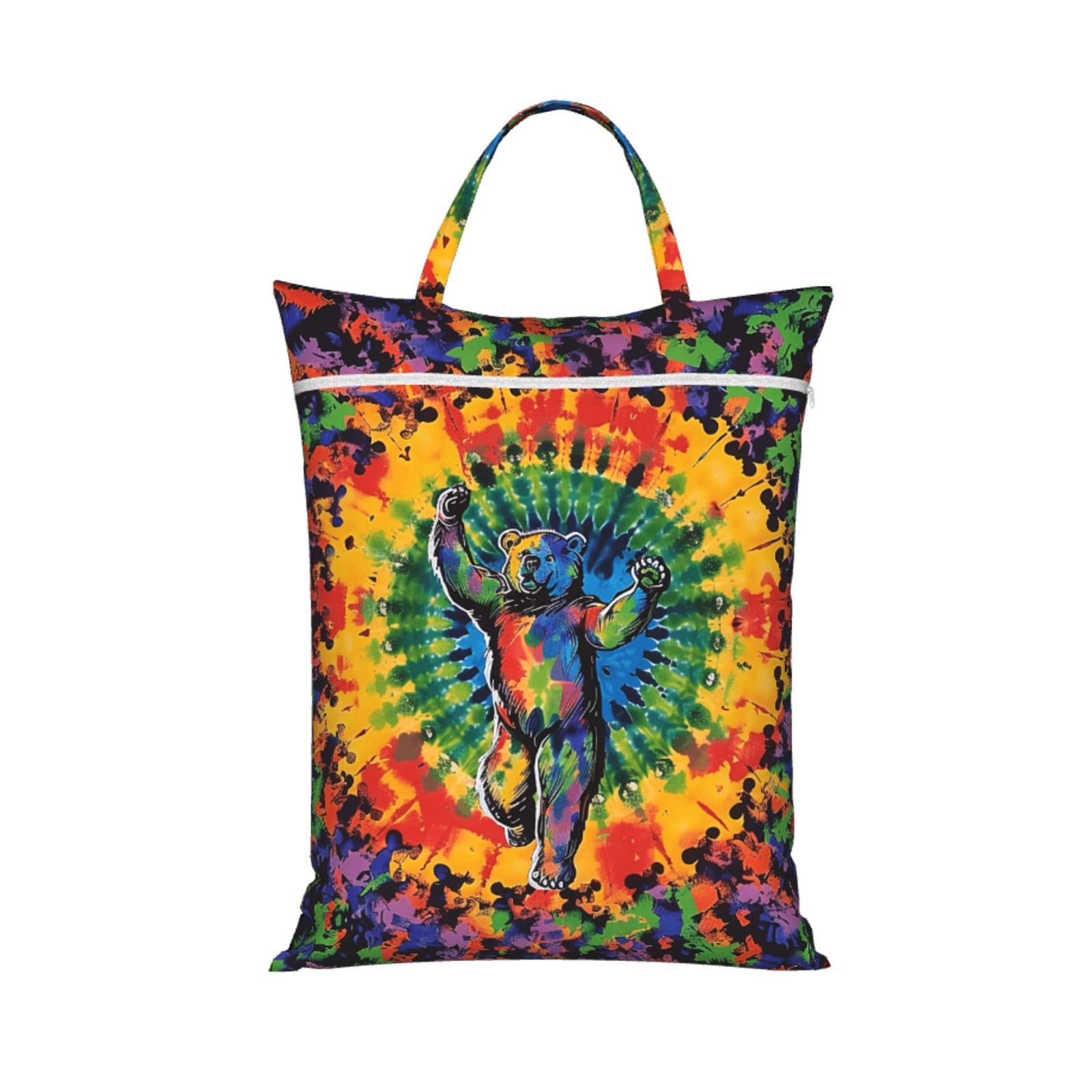 Large Travel Laundry Bags,Bear Dancing Tie Dye Print with Handle Foldable Laundry Bag for Holidays Gym Swimming and Family Trips, 1Pcs