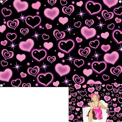 Pink Heart 2000s Backdrop 7x5FT Black and Pink Sweet Y2K Photography Background Early 2000s Party Decorations Photo Banner Props Supplies