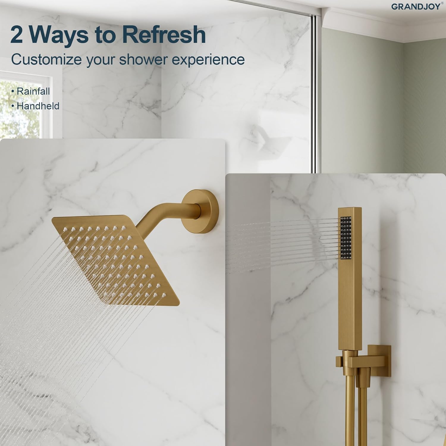 2-Spray Pattern 6 in.Square Shower head with Single Handle Shower Handheld Faucet 2.5 GPM in Brushed Gold
