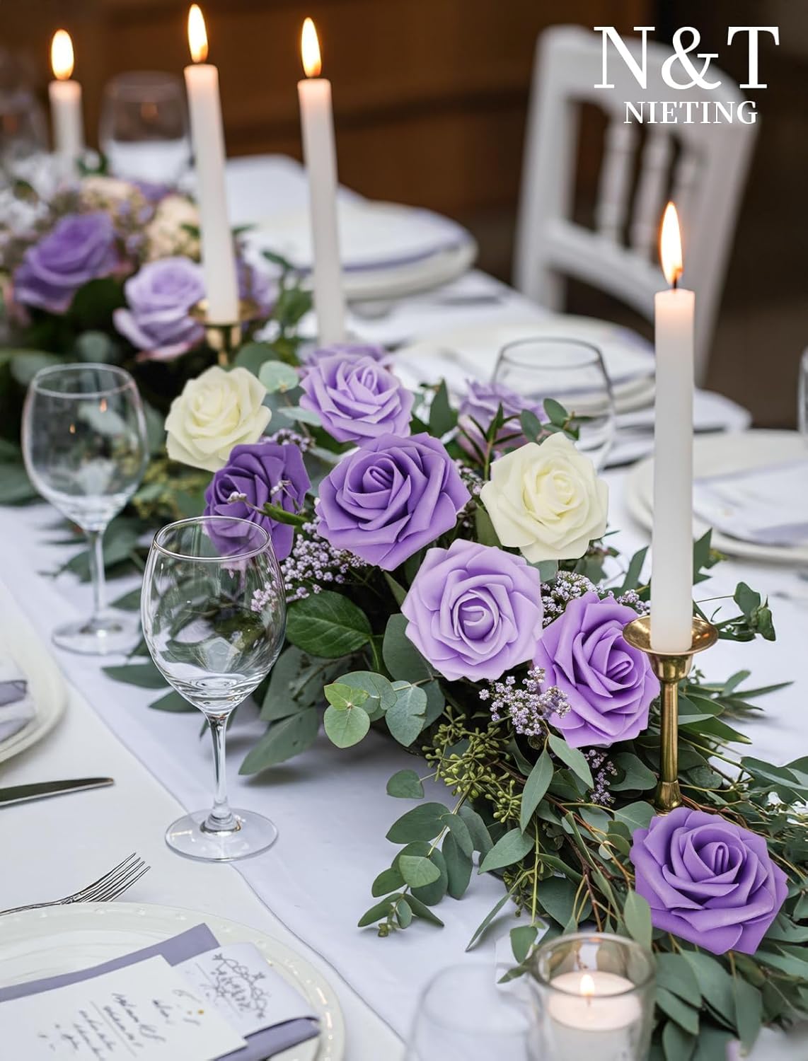 N&T NIETING Artificial Flowers, 25pcs Fake Flowers Rose with Stems Perfect for DIY Wedding Bridesmaid Bridal Bouquets Centerpieces Home Flower Arrangement Decoration, Series Purple - Image 2