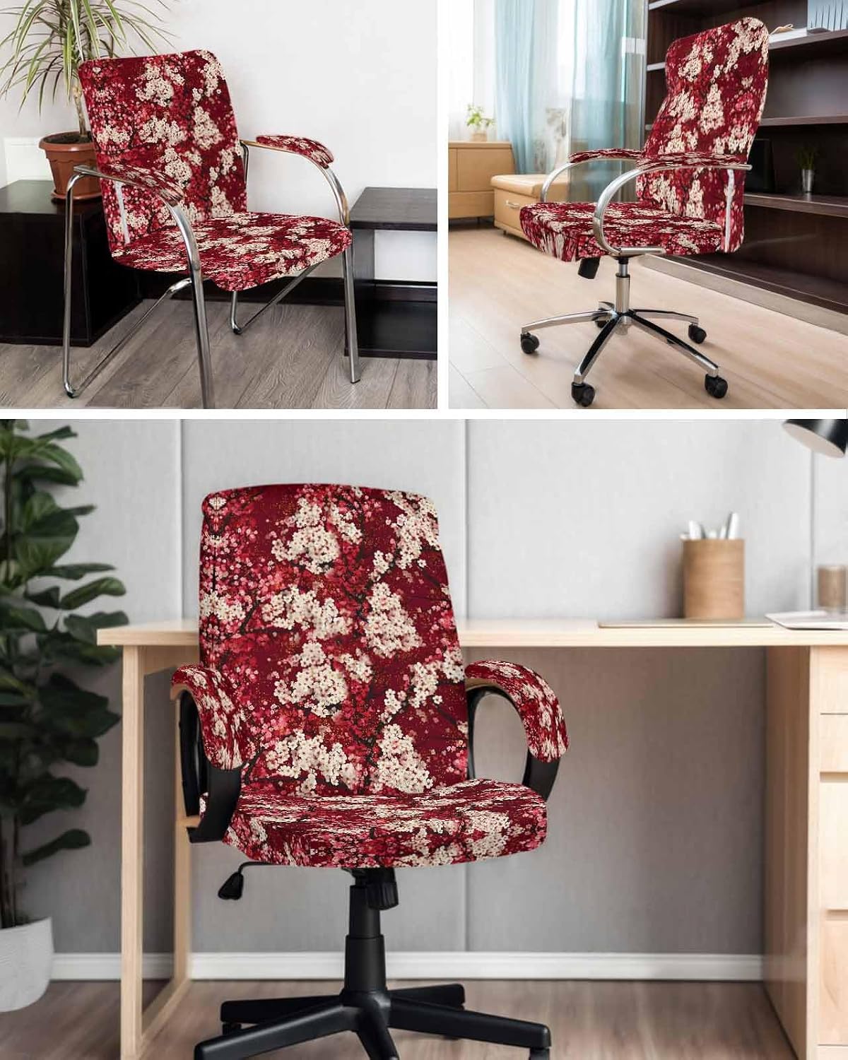 Chinese Flowers Office Chair Covers with Armrest Covers, Rotating Chair Cover, Spring Pink Botanical Blooms Flowers Armchair Slipcovers Decorative Backrest Seat Protectors, Large