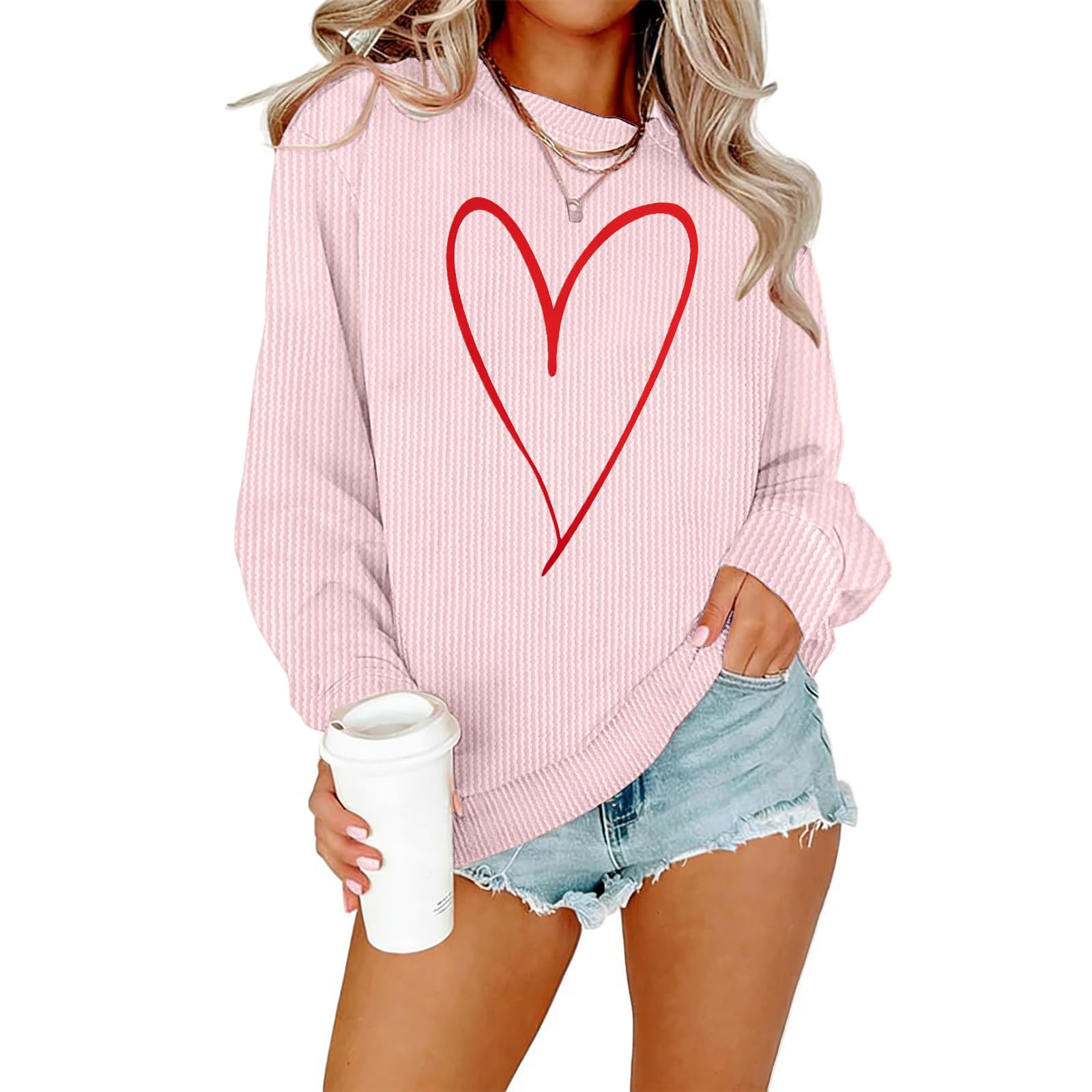 Womens Waffle Knit Sweatshirt Love Heart Shirts Casual Crewneck Lightweight Long Sleeve Top-image-13