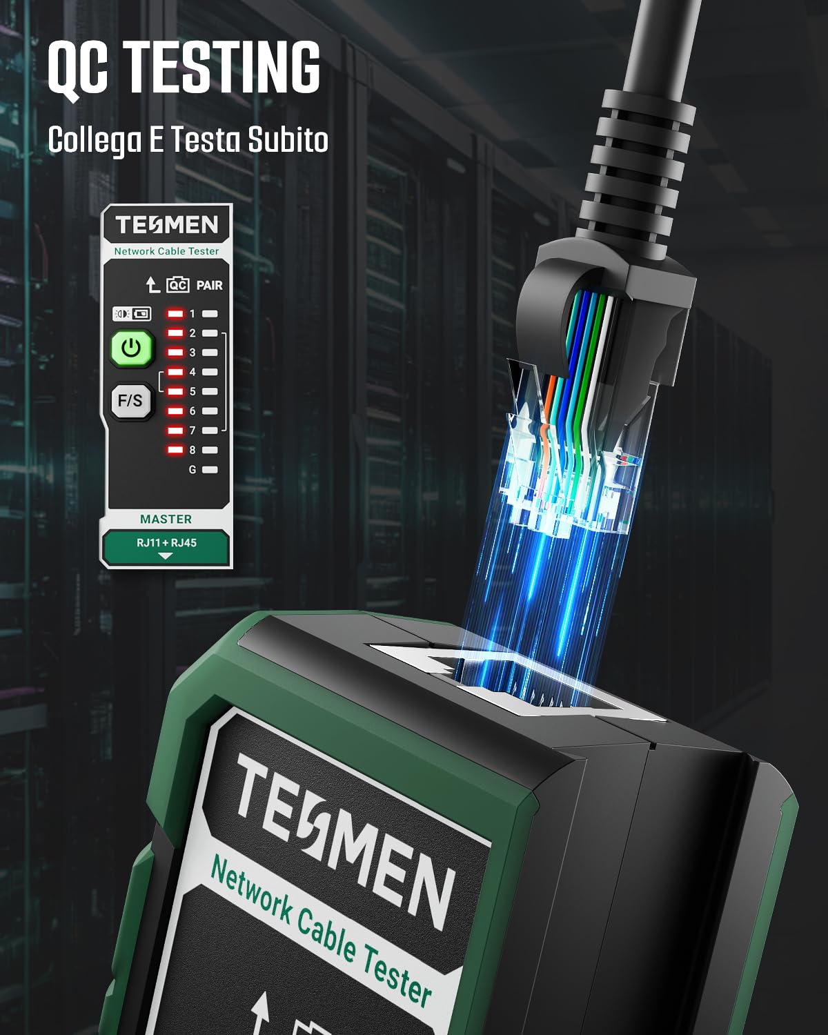 TESMEN TLP-528A Tester per cavi di rete, RJ11/RJ45, tester Ethernet LAN/TEL con test continuità & QC, per CAT5/CAT6/CAT7, ideale per manutenzione cavi – Verde