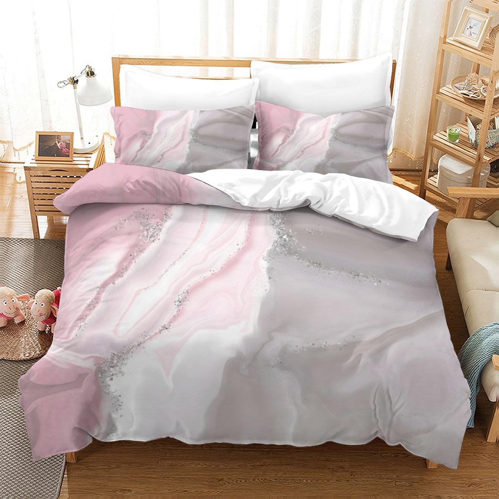 LIAOHENKAN Pink And Grey Marble 3D Bedding Set Full Size 3Pcs Comforter Set for Kids Boys Girls Breathable Quilt Set with Zipper Closure Ultra Soft Bedclothes, Easy Care Durable Super King（260x220cm）