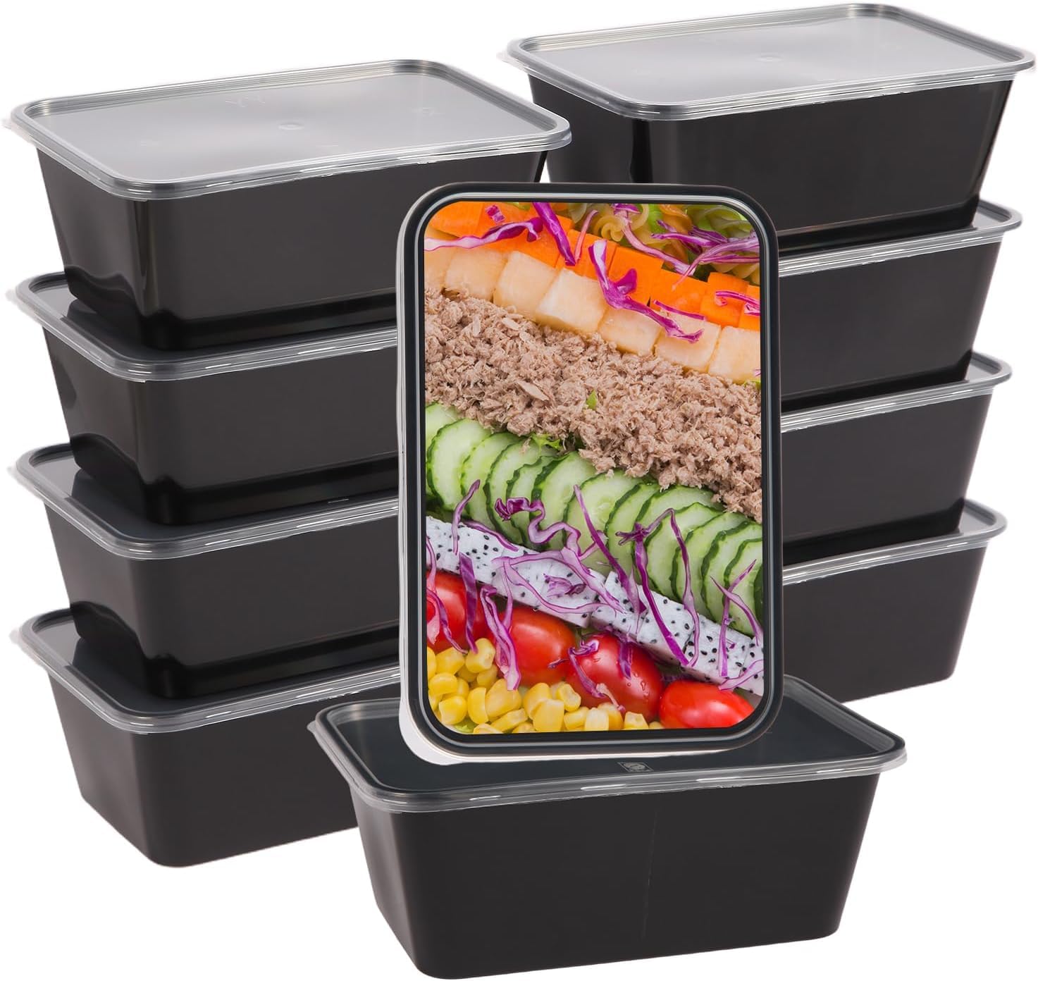 SANWALSA [750 ml, 15 Count, Rectangle, Black Reusable Plastic Food Storage Containers with Lid | Airtight, Microwave Safe Containers | Perfect for Meal Prep, Storage, Takeaway & Food Delivery