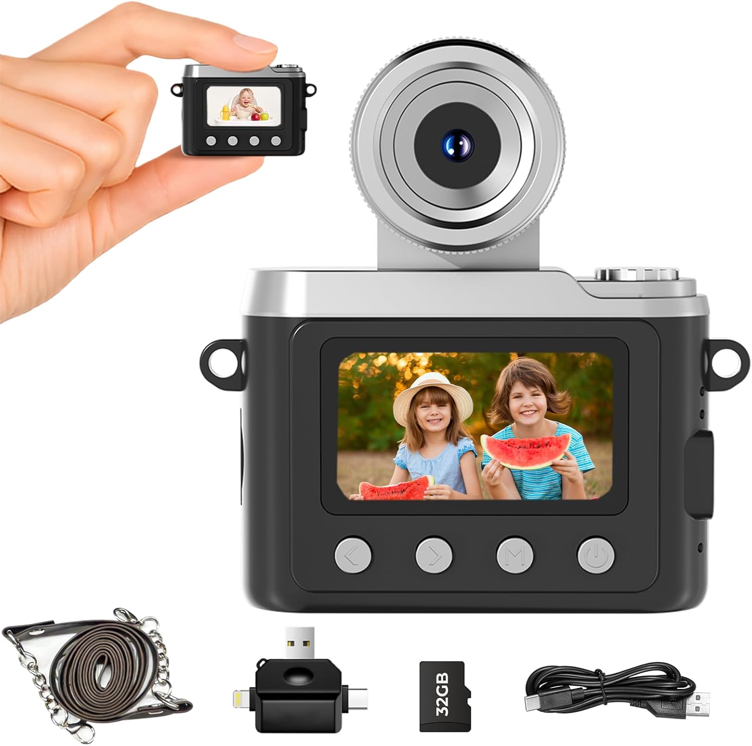 Mini Keychain Digital Camera, Retro CCD Camera 1080P Flip the Lens Digital Camcorder with 32GB Card & 3-in-1 Card Reader, Portable Tiny Camera for Kids, Beginner, Travel, Party and Vlog(Black)
