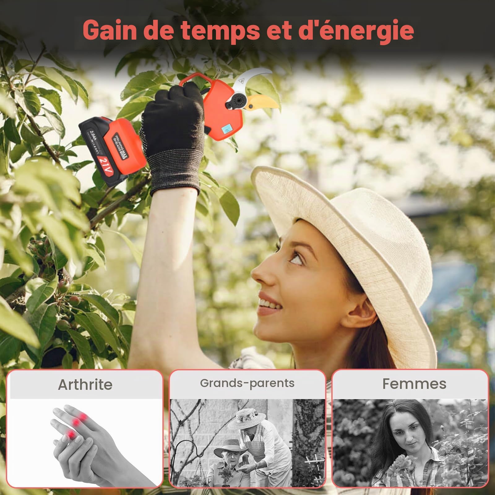 Sécateur électrique, 50 mm, batterie avec affichage, batteries 2 x 2 000 mAh, sécateur professionnel 800 W avec moteur Brushless pour jardinage, arbres fruitiers, vignobles