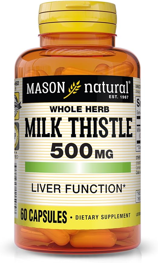 MASON NATURAL Milk Thistle 500 mg - Support Healthy Liver Function, Cleanse and Detox, Herbal Dietary Supplement, 60 Capsules