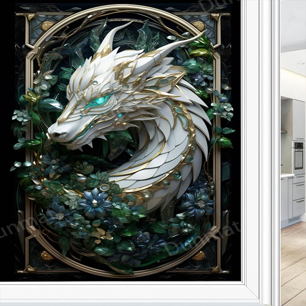 Fantasy Dragons Stained Glass Window Film Beautiful Floral Traditional Animals Privacy Window Film Non-Adhesive Glass Film Decorative Static Cling Film for Home Office 90 x 140 cm