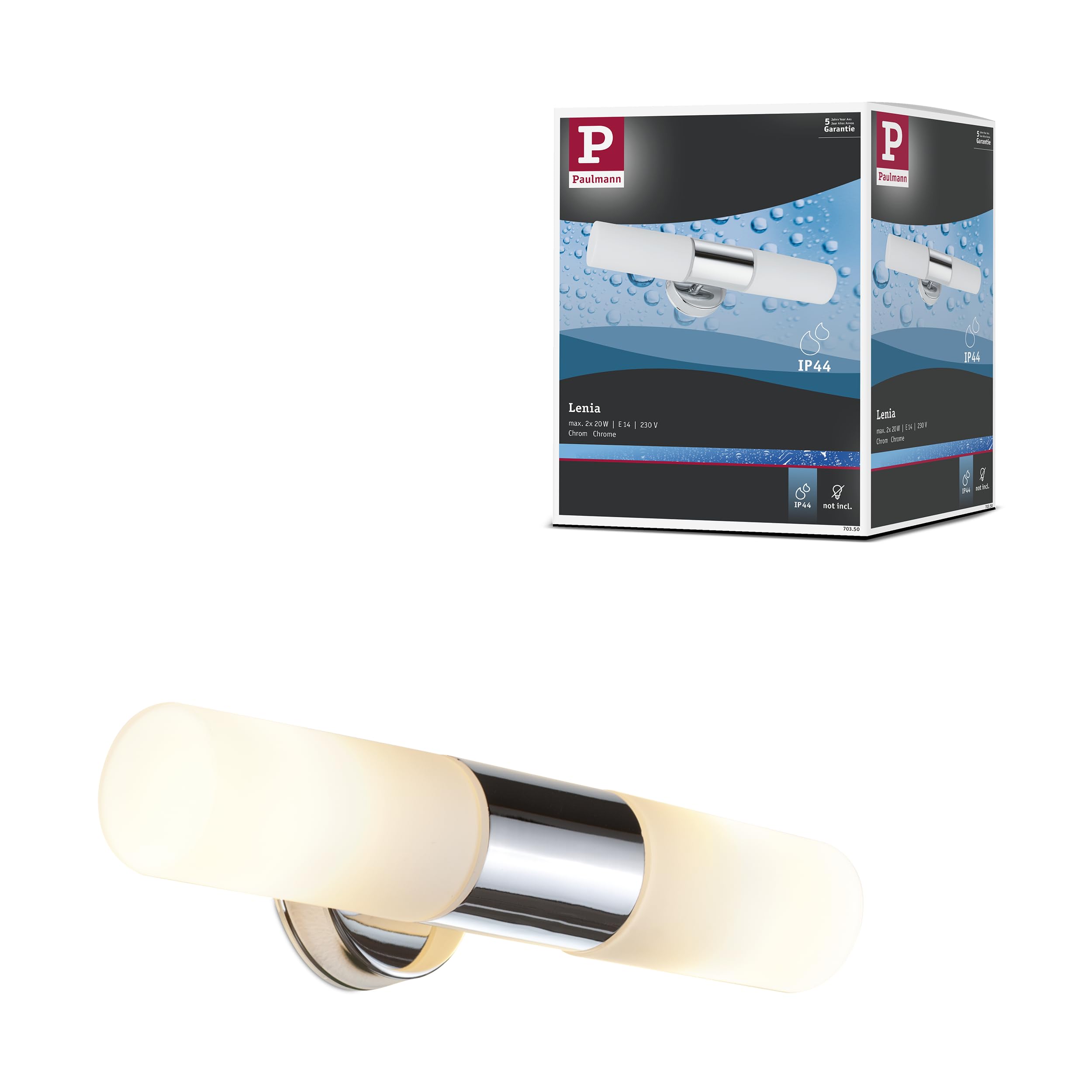 Paulmann 70350 WallCeiling Lenia IP44 max.2x20W E14 Chrom/Opak 230V Metall/Glas Spiegelleuchte Spiegellampe Wandleuchte 703.50