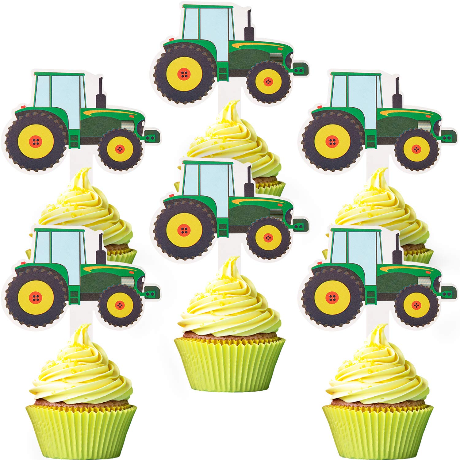 Blulu56 Pieces Green Tractor Cupcake Toppers Truck Cars Cupcake Picks Construction Party Cupcake Toppers for Baby Shower Farm Themed Parties Tractor Time Party Supplies