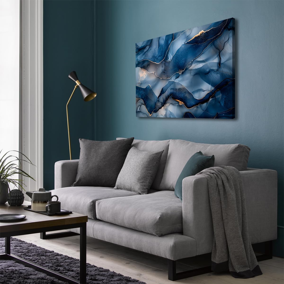 Póster Lienzo Abstracto Azul Oro Mármol Fluido 80x100cm