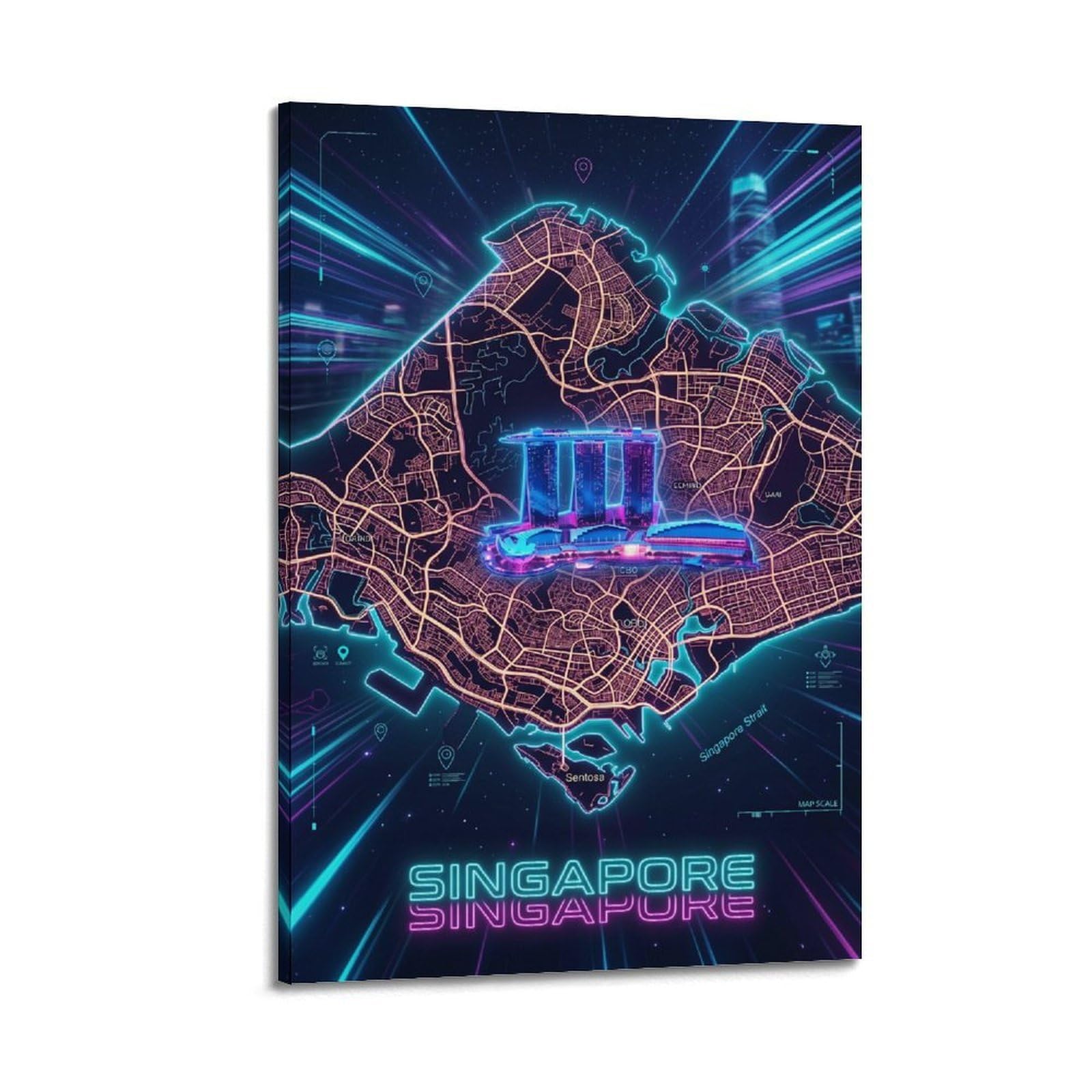XKUGA Cyber Neon Singapore City Map Poster Modern Decorative Canvas Prints - Ideal Wall Art for Family, Man Cave, Game Room, Boys & Girls Bedroom 20x30inch(50x75cm)
