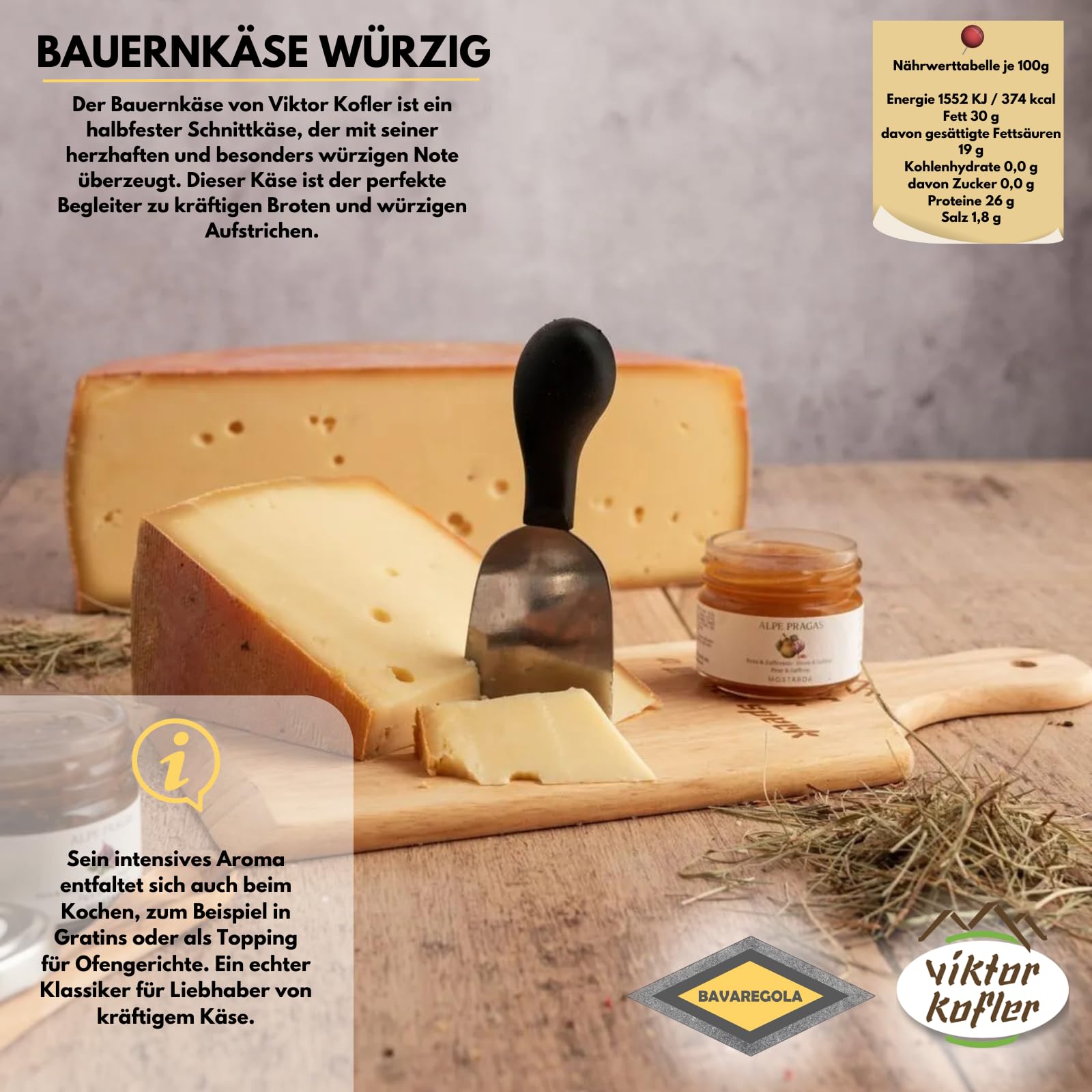 BAVAREGOLA Südtiroler Käse Geschenkekiste - Präsentkorb mit 5 Käsevariationen, Feigensenf & Schüttelbrot