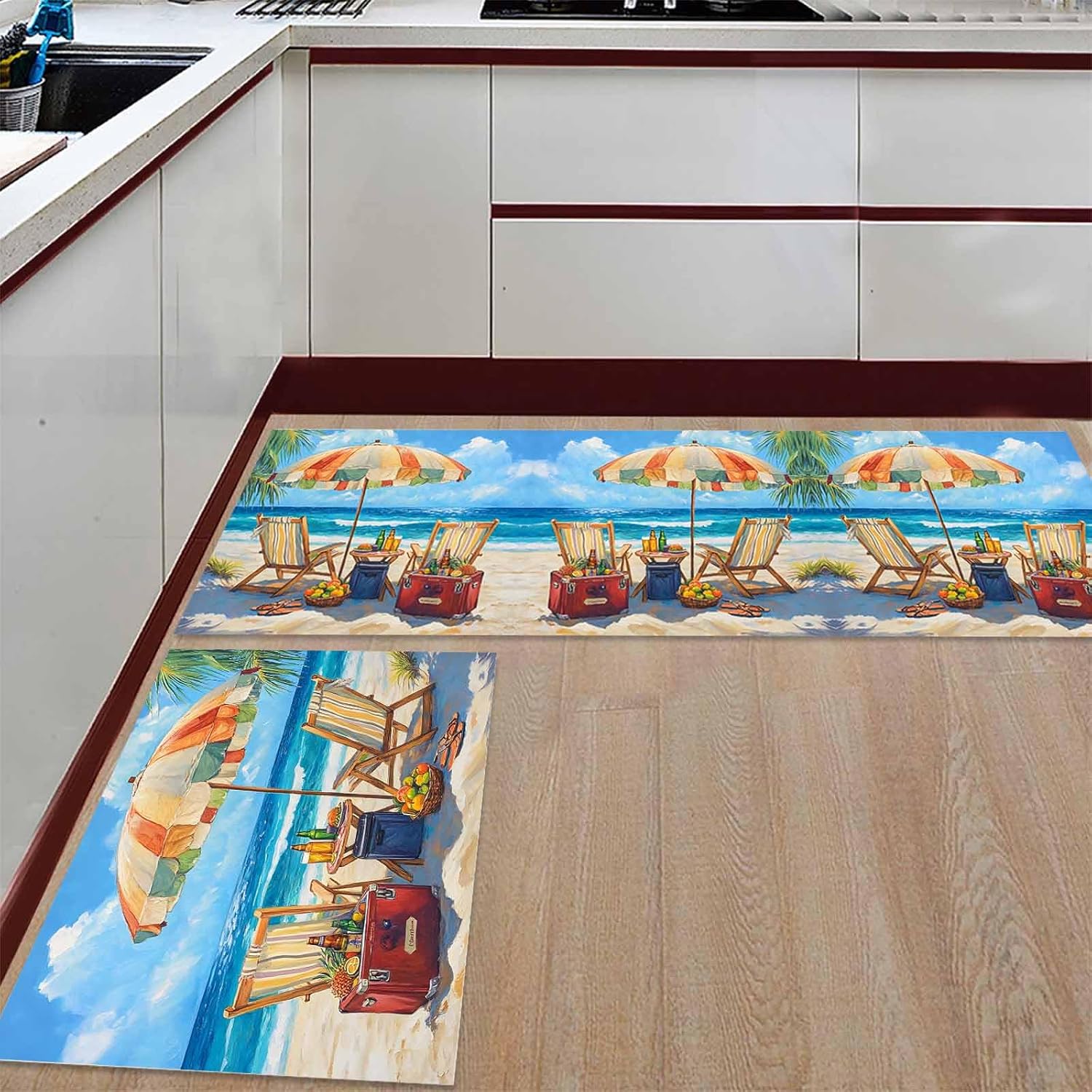 2 Pieces Kitchen Rugs and Mats,Watercolor Beach Chair Sun Umbrella Area Runner Rug Set Non Slip Floor Doormat Washable Carpet Standing Mat for Kitchen Sink Indoor Corridor,Summer Beach Scenery