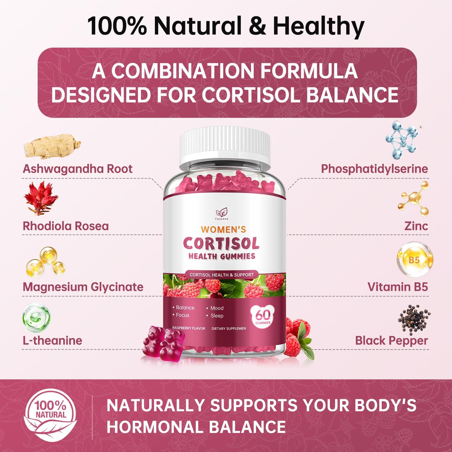 (2 Pack) Cortisol Gummies,Cortisol Reducer for Women,with rhodiola rosea,l-theanine,Phosphatidylserine,magnesium ashwagandha - Emotional support, adrenal balance, sleep, raspberry flavor, 120 Count