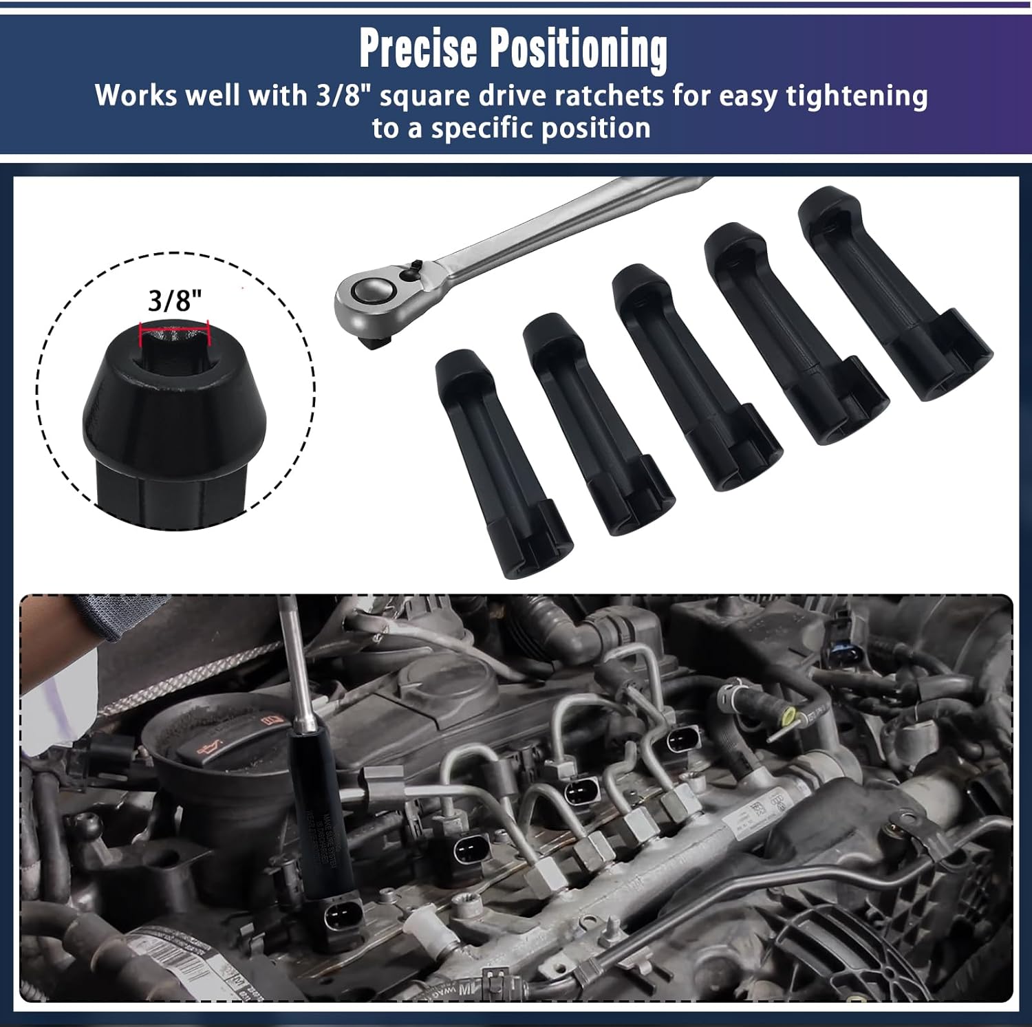 12090 Fuel Line Socket Set, 5 Pcs Diesel Injector Flare Nut Socket Kit Compatible with VW Audi BMW Ford Cummins Engines, 17mm 19mm 21mm 22mm 24mm 3/8" Drive Fuel Line Flare Tools