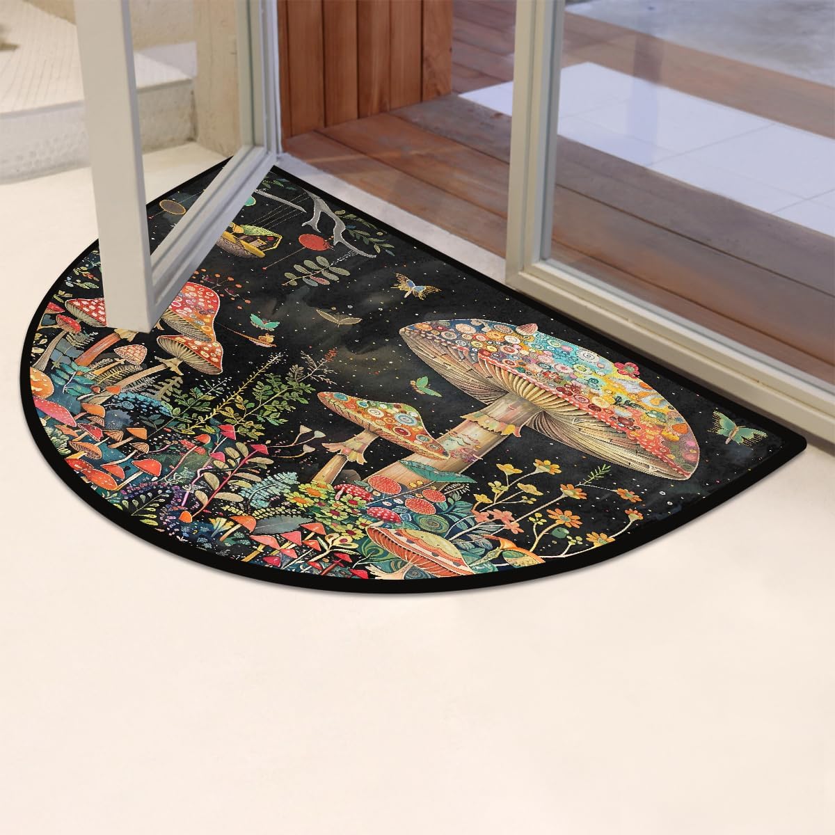 Half Round Door Mat Colorful Abstract Mushroom Half Moon Rug Washable Half Circle Area Rugs Indoor Entrance Non Slip Semi Circle Bathroom Rugs Floor Carpet for Kithen Bedroom Fireplace Decor