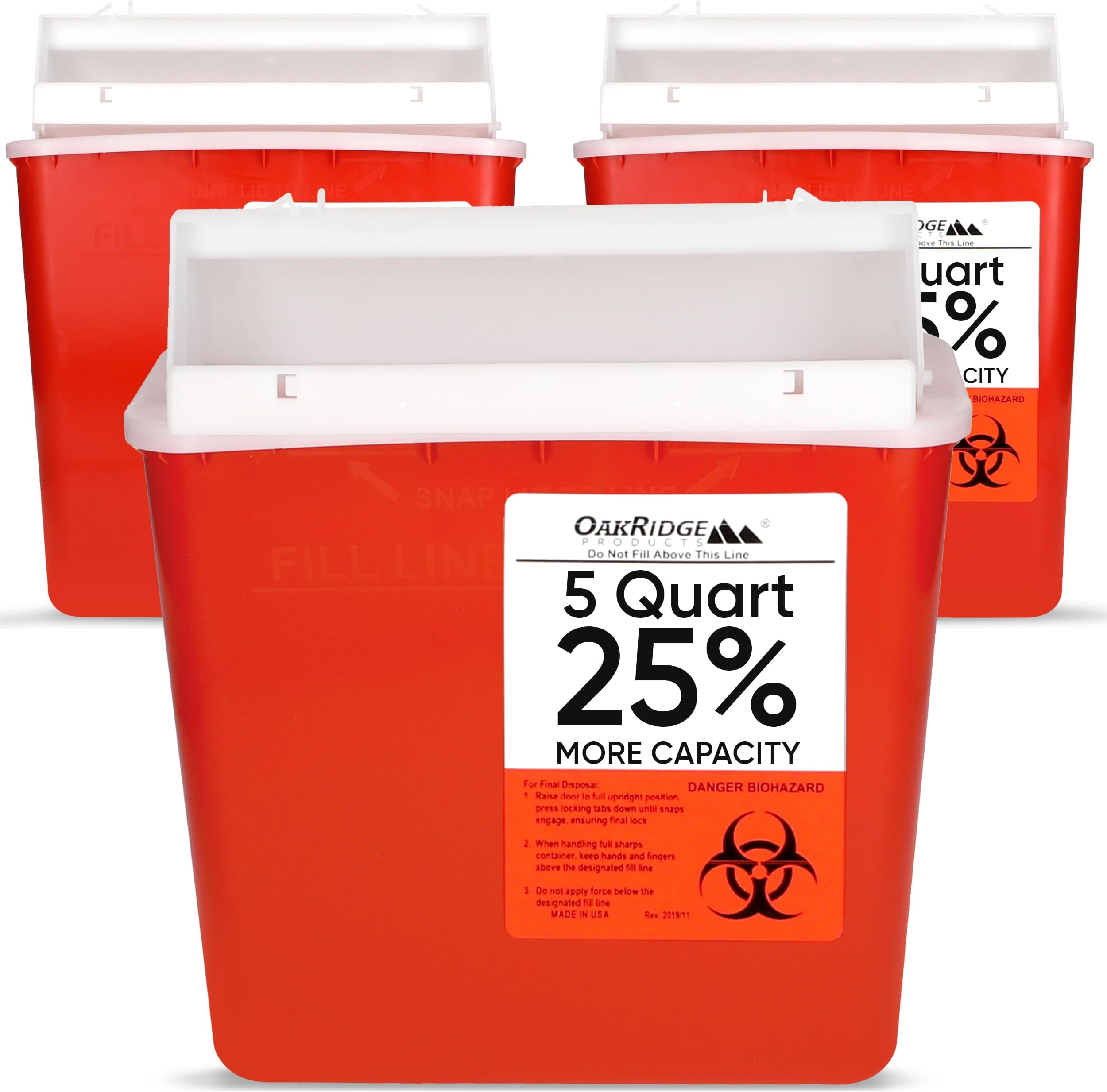 Oakridge Products Sharps Container for Home Use and Professional 5 Quart (3-Pack), Biohazard Needle and Syringe Disposal, Mailbox Style Lid, CDC Certified