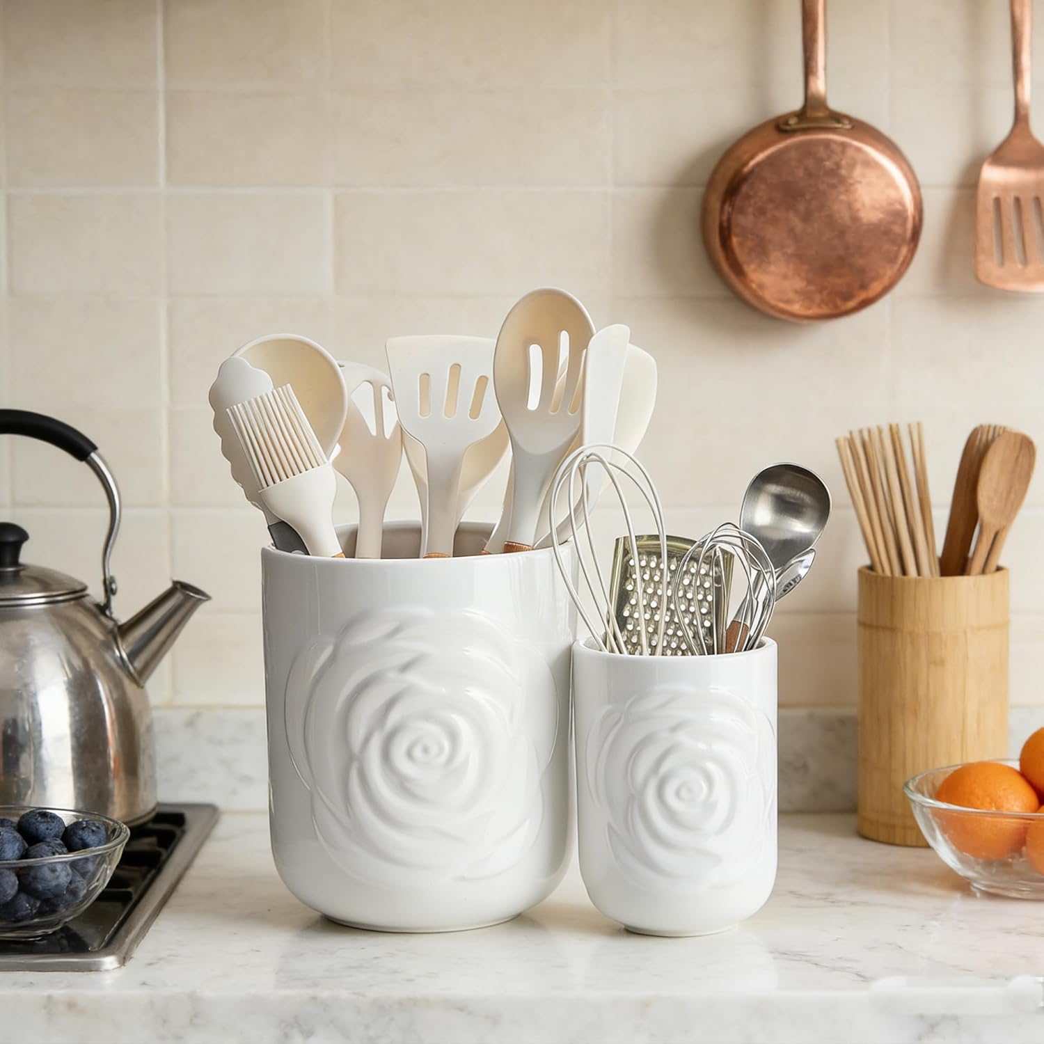 Large Utensil Holder Set of 2, 7.5"+ 5.5" - Ceramic Kitchen Countertop Utensil Crock for Spatulas, Spoons & Cooking Tools, Farmhouse Kitchen Counter Decor, White Rose