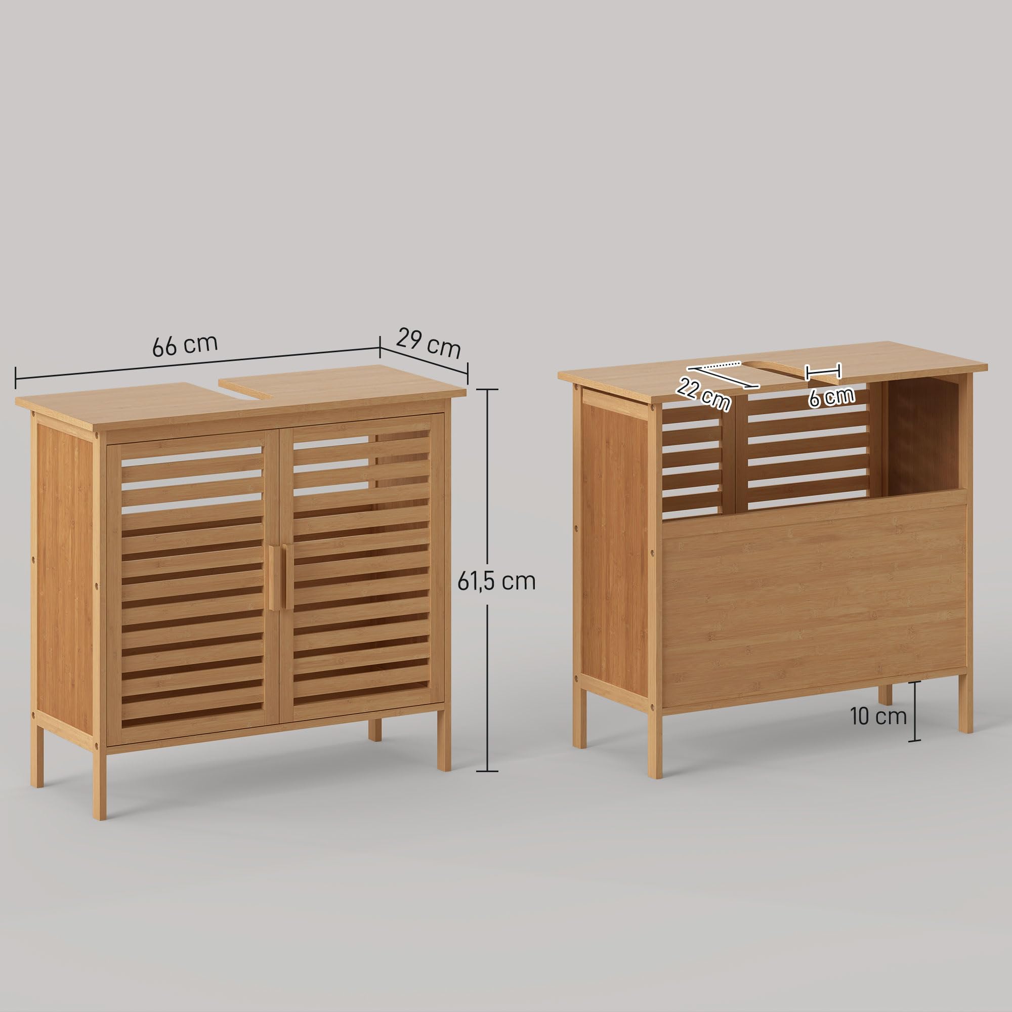 kleankin Mobile sottolavabo, Mobile da bagno in bambù, Naturale | Autoportante, 2 porte a doghe