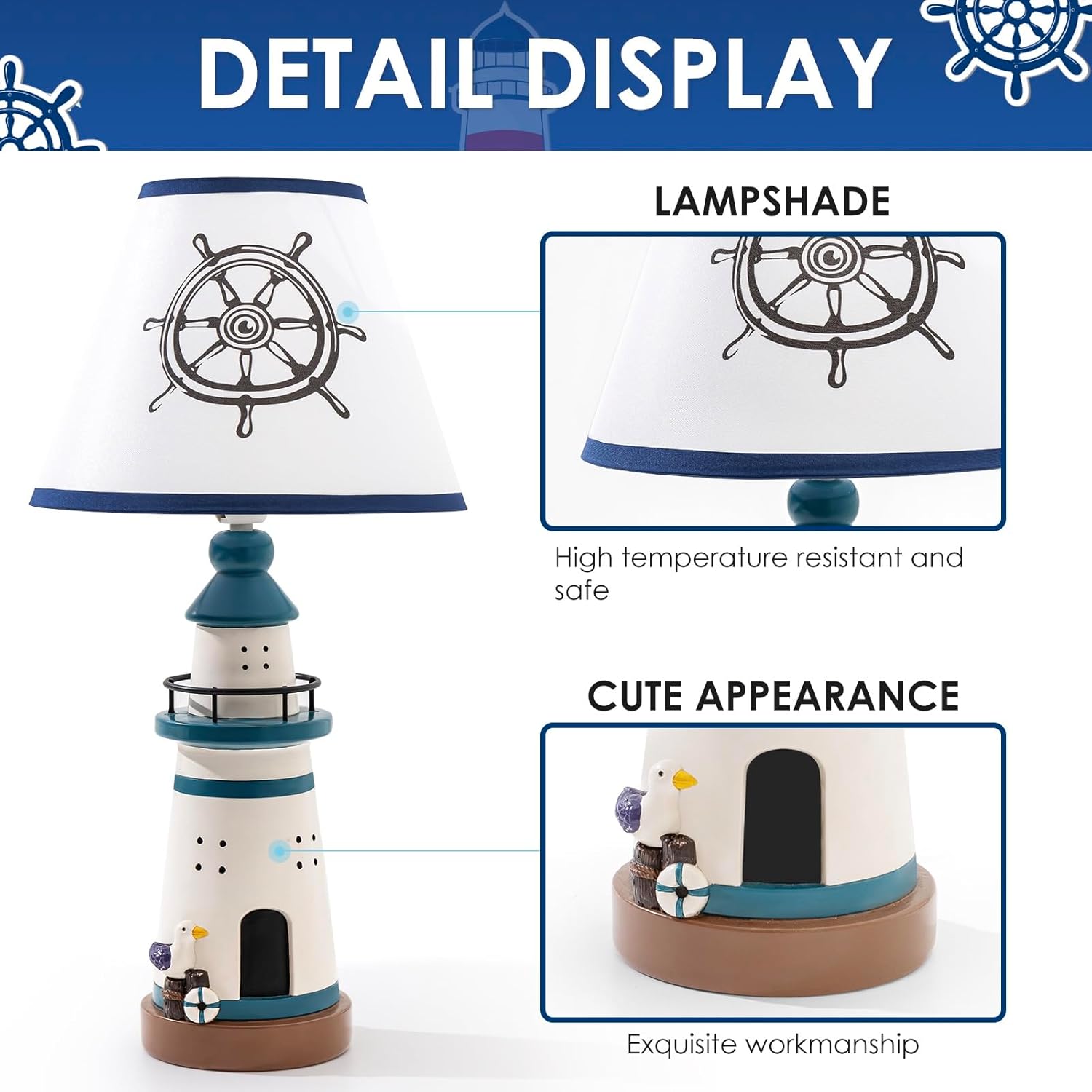 Kids Table Lamp, 14" Navy Blue Lighthouse Style Bedside Lamp with LED Bulb, Cute Nautical Desk Lamp for Kids Bedroom or Nursery Decor